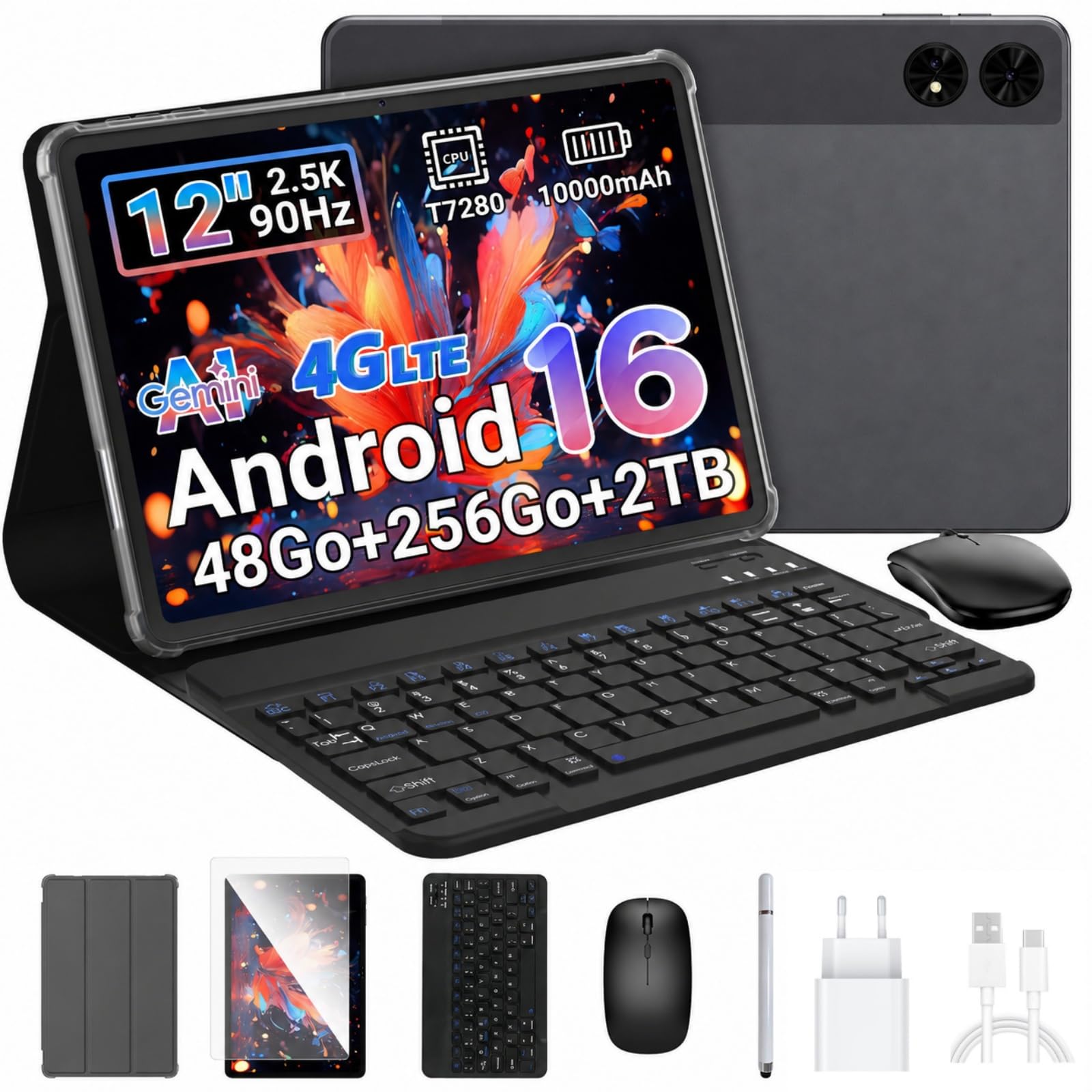 BESTTAB Android 16 Tablet con tastiera, 12,2 pollici 120 Hz 2,5 K FHD, 48GB RAM+256GB ROM (2 TB TF), T7280 Octa-Core, 10000mAh, Widevine L1, Tablet con SIM 4G LTE/ 5G WiFi, 16MP+8MP, Gemini AI, GPS