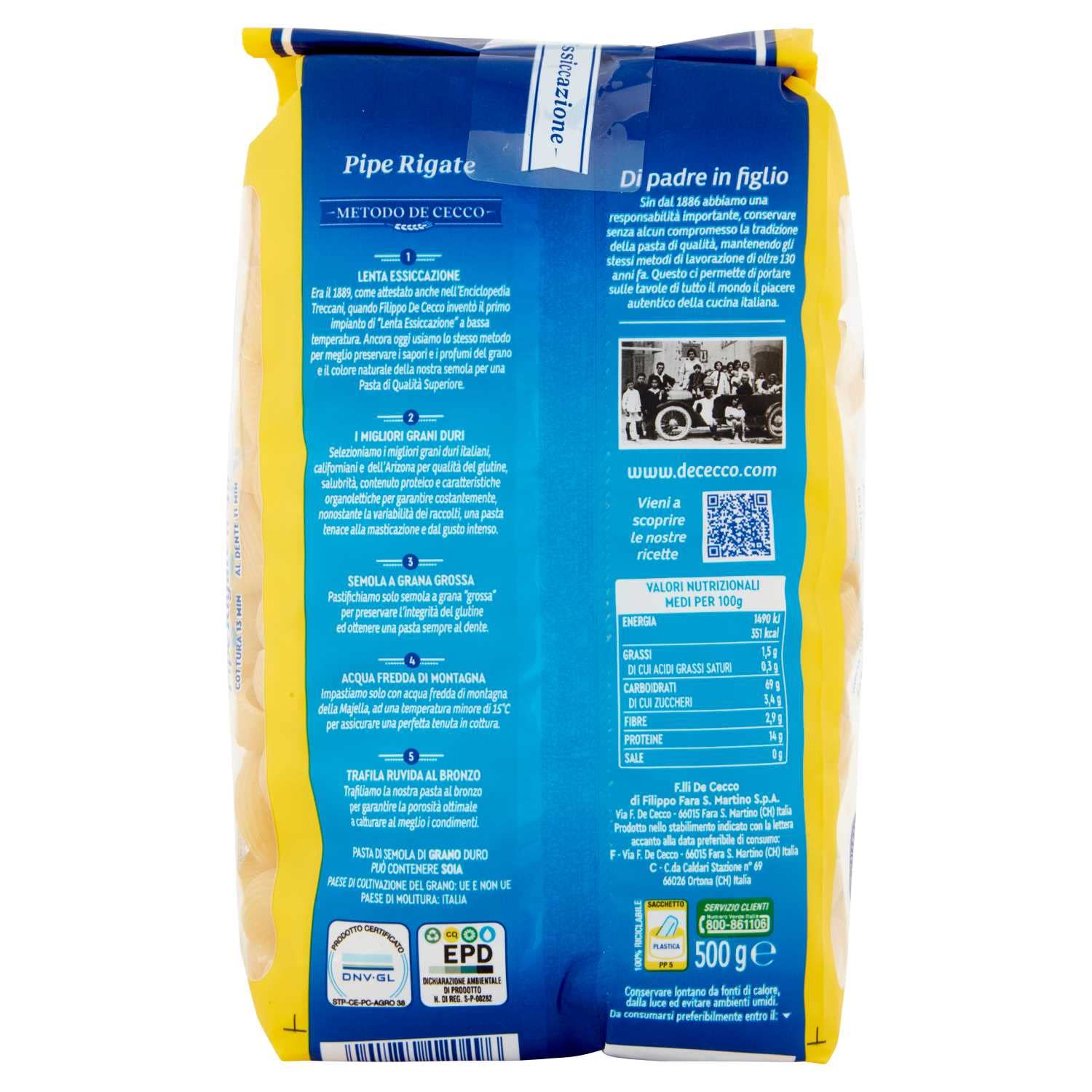 24x De Cecco Pipe Rigate n°49 Hartweizengrieß Pasta Italienische Nudeln 500g Packung