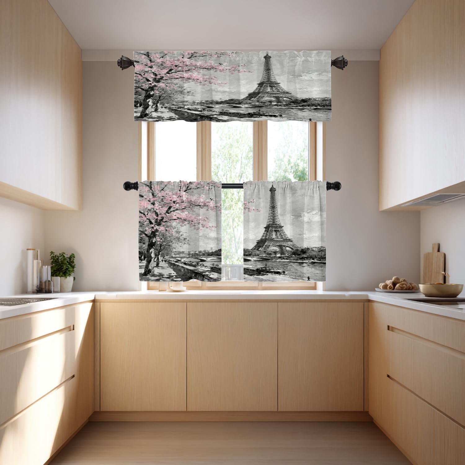 Paris City Landscape Blackout Kitchen Curtain, Oil Painting Paris European City Landscape France Eiffel Window Treatment Rod Pocket Light Filtering Bathroom Short Valance 2 Pack 52X18 Inches