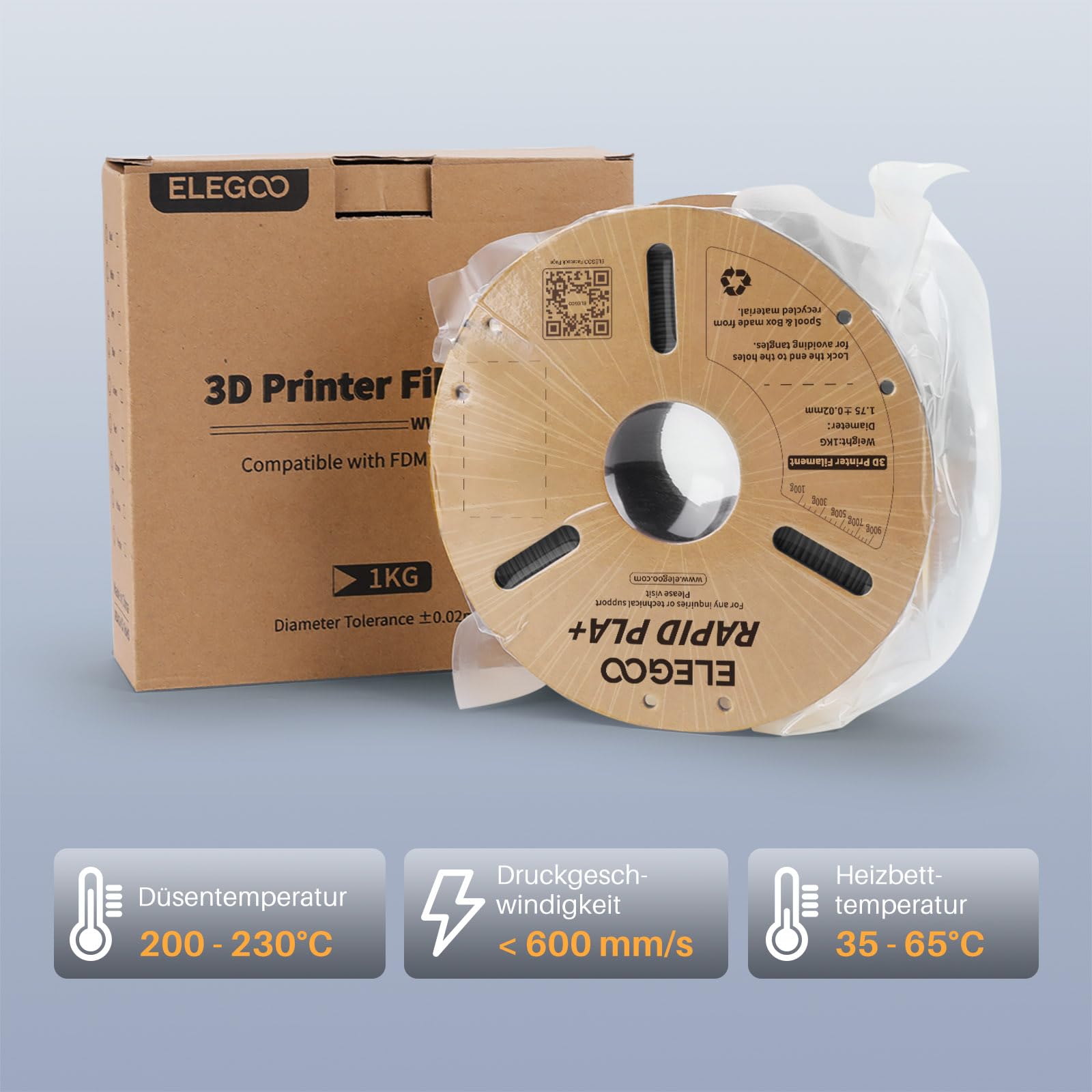 ELEGOO High Speed PLA+ Filament 1.75mm Schwarz 4 KG, Rapid PLA Plus 3D Drucker Filament, 600 mm/s Hochgeschwindigkeitsdruck, Maßgenauigkeit +/-0,02mm