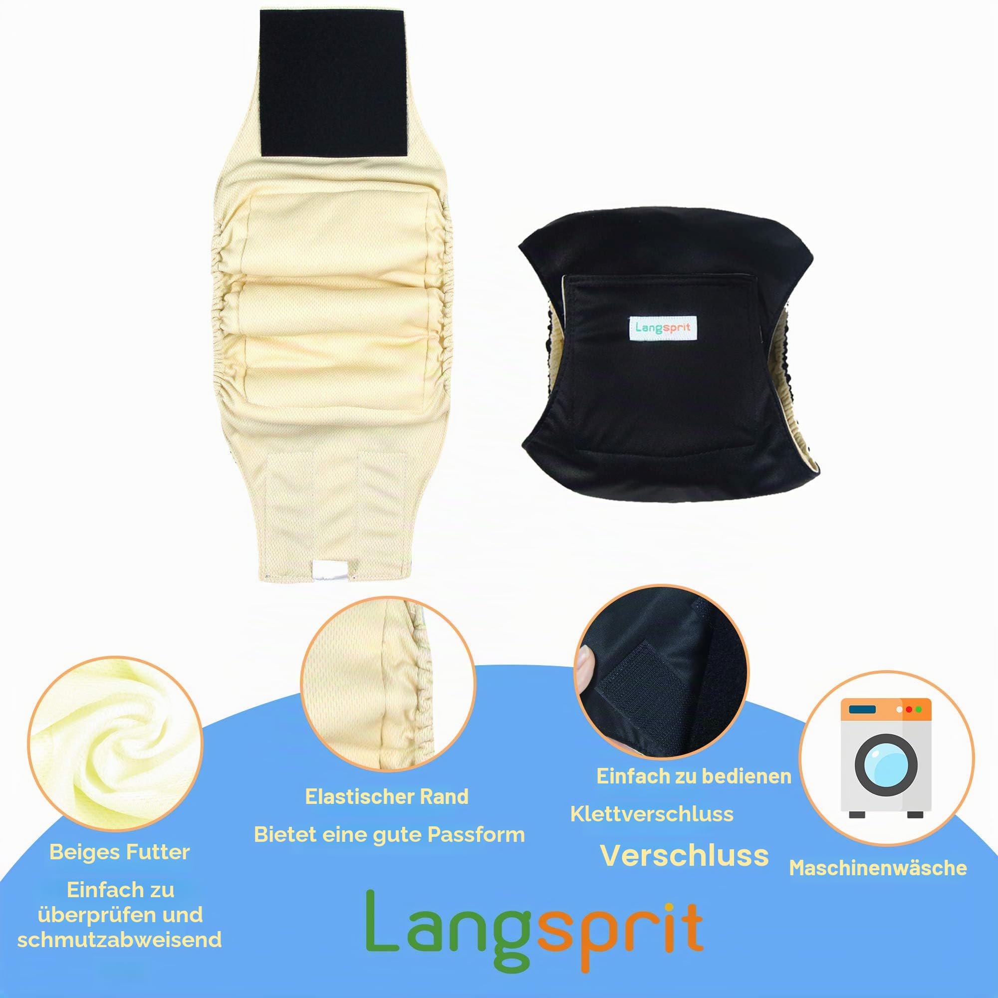 Langsprit Bauchbänder für Männer (3 Stück) – hochabsorbierende Hundewickel für männliche Hunde, waschbar, Wiederverwendbare Windeln für Rüden (Schwarz, XL)