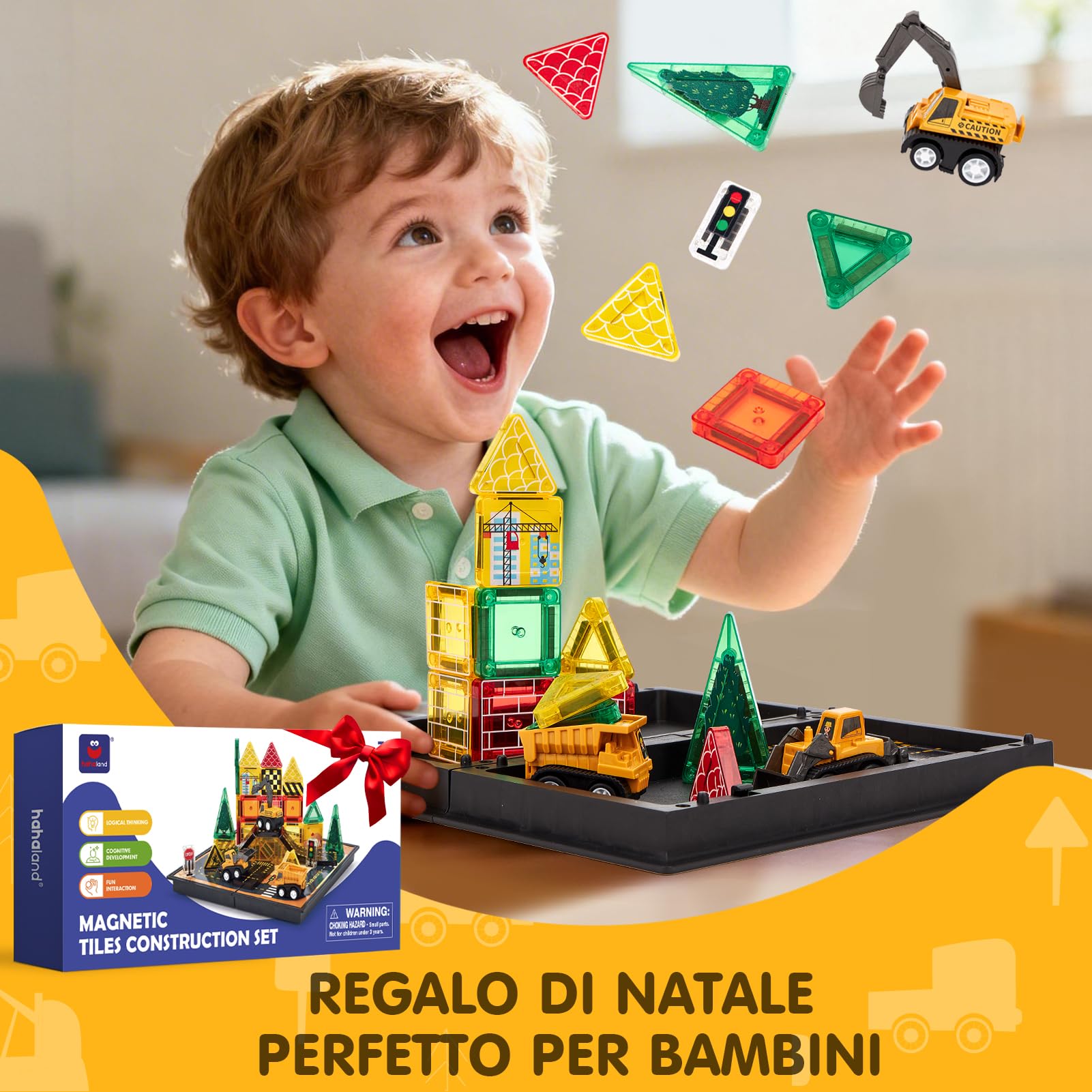 hahaland Costruzioni Magnetiche da Viaggio 42 Pezzi, Tessere Magnetiche Bambini 3+ Anni Tema Cantiere con Veicoli, Giochi Magnetici per Viaggi in Auto e Aereo, Regalo Compleanno 3 4 5 anni