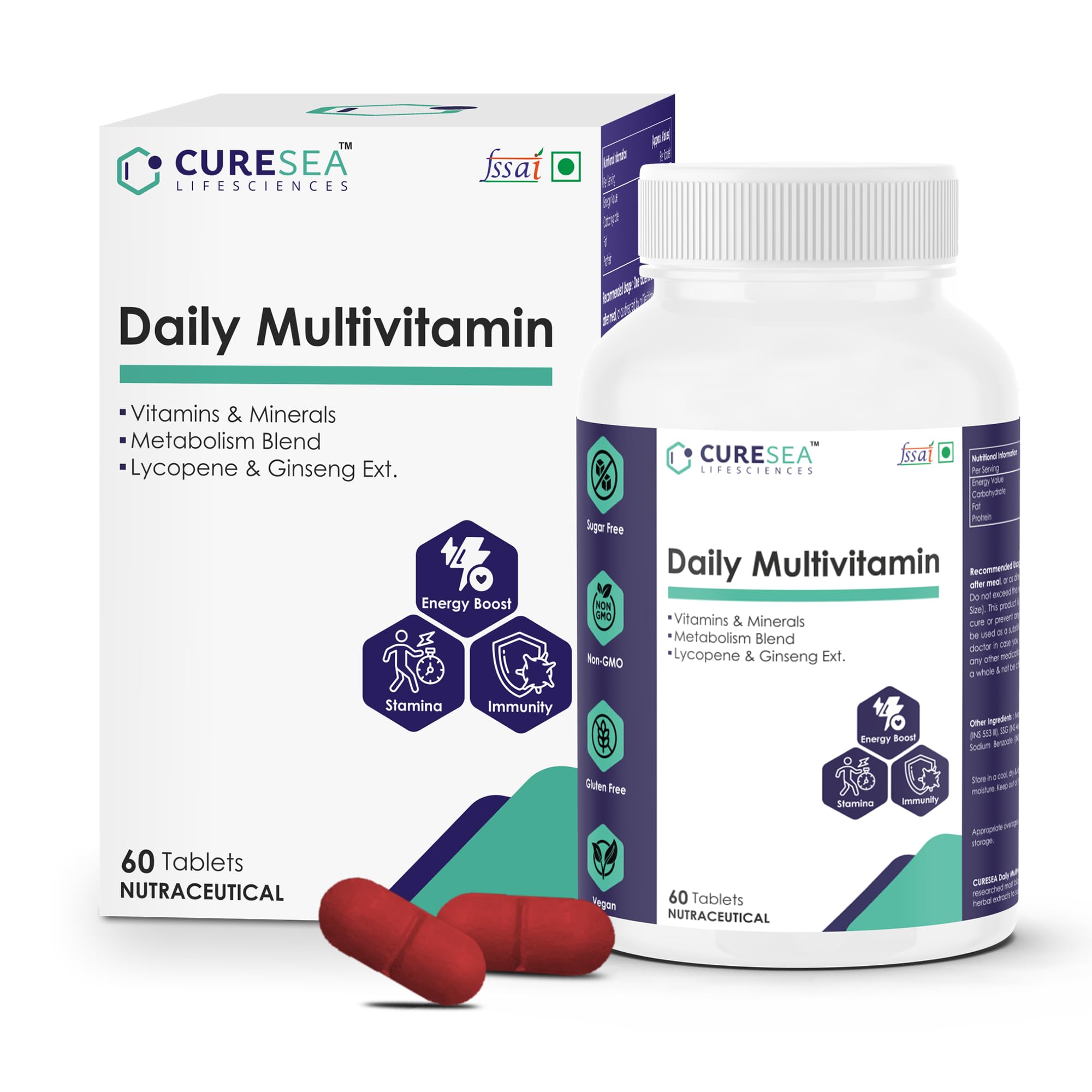 CURESEA Lifesciences Vegan Daily Multivitamin for Men and Women with Vitamin C, Vitamin D3 (Lichen source) Lycopene, Ginseng and Ashwagandha | Enhances Energy, Stamina & Immunity (60 Veg Tablets) (B0CLM85QXB) Amazon Price History, Amazon Price Tracker