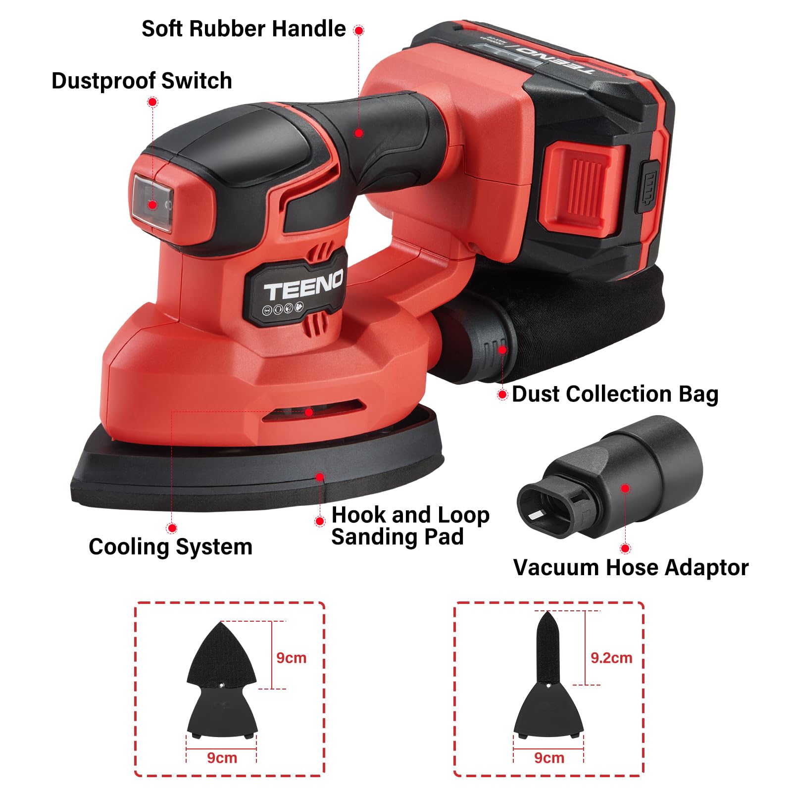 TEENO Ponceuse multifonction sans fil 3-en-1, 20V Ponceuse Delta avec 2A Batterie, 13000 tr/min Ponceuse de détail avec sac de Collecte de Poussière, 15 Feuilles de Papier Abrasif, 140x96.6mm