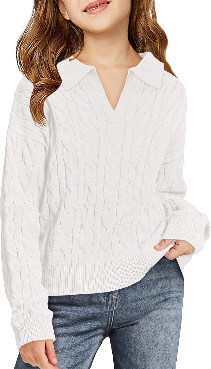 Girls Sweaters Kids Fashion Cable Knit Collared V Neck Pullover Sweater Tops 5-14 Years
