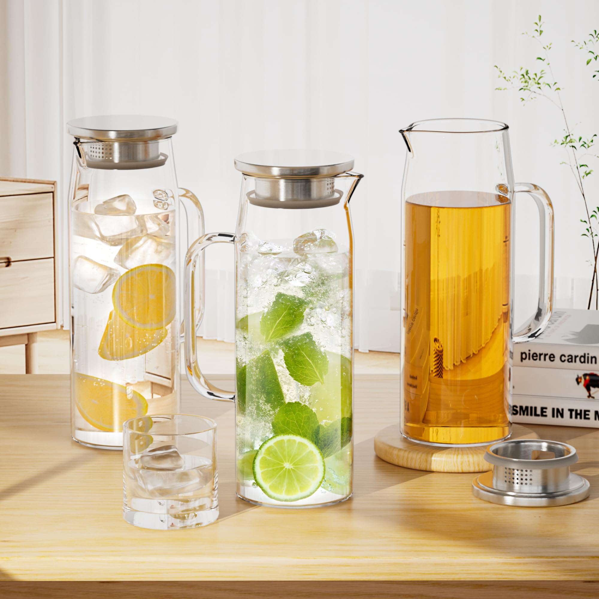 3 Sets Glaskrug mit Deckel, 1,417.5 g / 1500 ml Wasserkaraffe mit Griffen Heißes Kaltgetränkewasser Glas Krug (Edelstahldeckel)