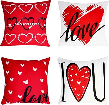 Pistha Happy Valentine's Day Throw Pillow Covers 18x18 Set of 4 Heart Love You Valentine's Day Pillow Case for Wedding Anniversary Farmhouse Home Sofa Party Decor