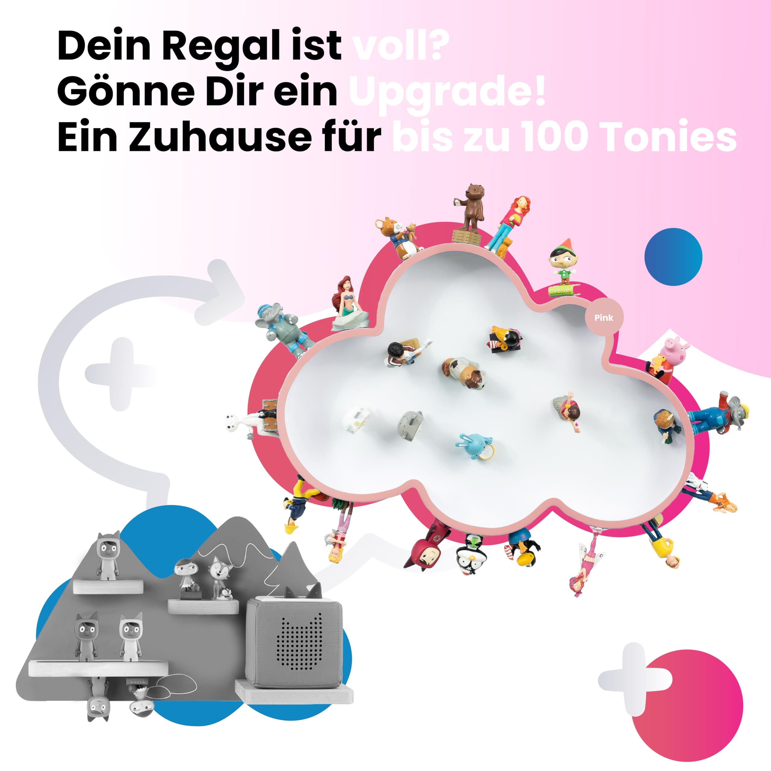I Wandregal für bis zu 100 Tonie Figuren I Wolkenform I 100% magnetisch I Ideal geeignet für Tonie Figuren der Toniebox I Regal fürs Kinderzimmer I Tonieboxregal für Mädchen und Jungen (Rosa)