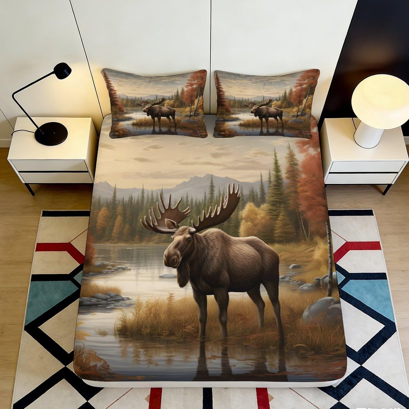 Jqzkxnhpbr Style-7 3D Printed Moose Forest Fitted Sheet Microfiber Soft Autumn Lake Bed Cover For Bedroom Guest Room Decor 90X200x25cm