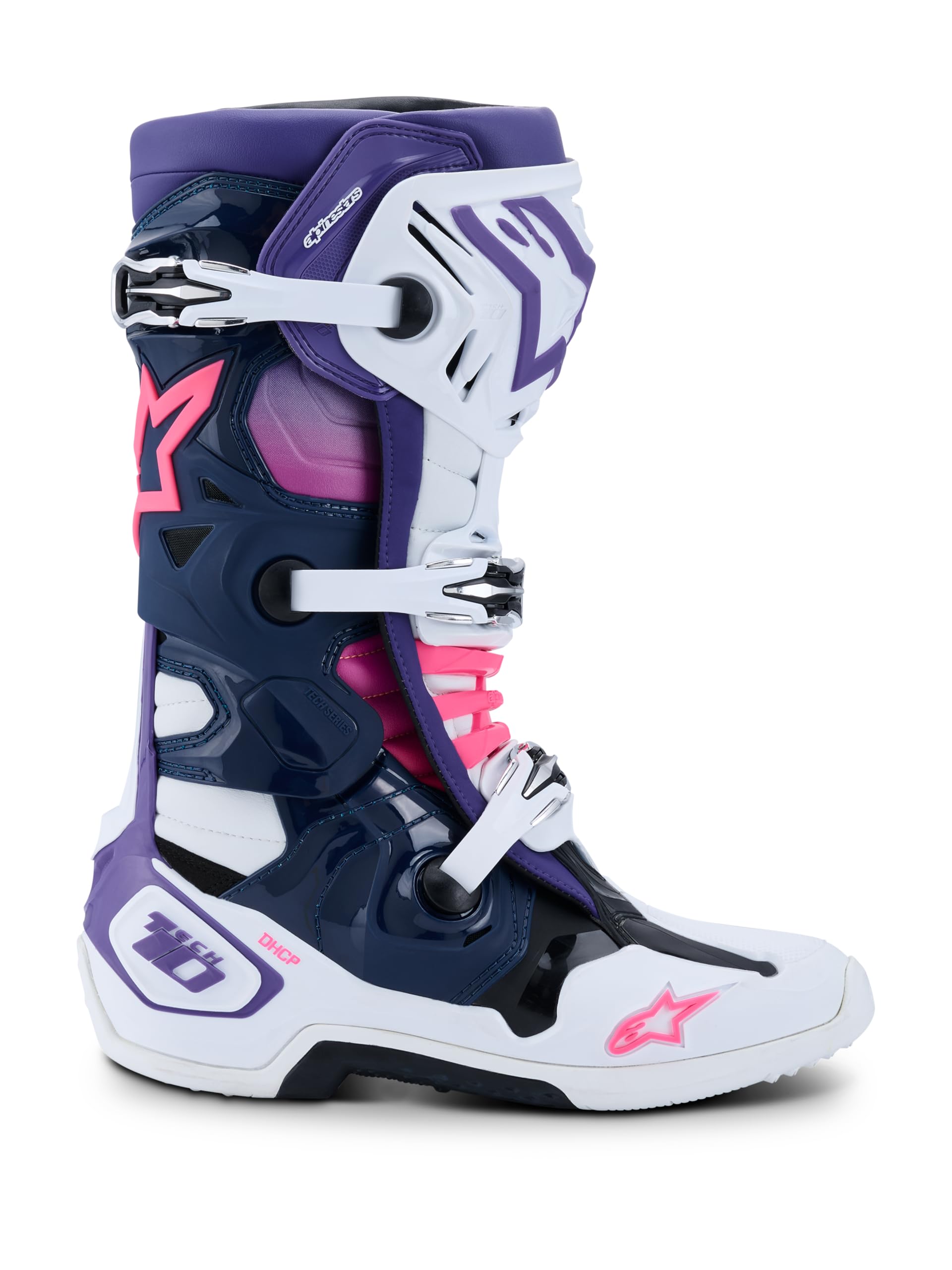 Alpinestars Tech 10 Boots, High-Performance Motocross Boots, CE-Certified, 11, White/Violet/Navy blue/Pink Fluo