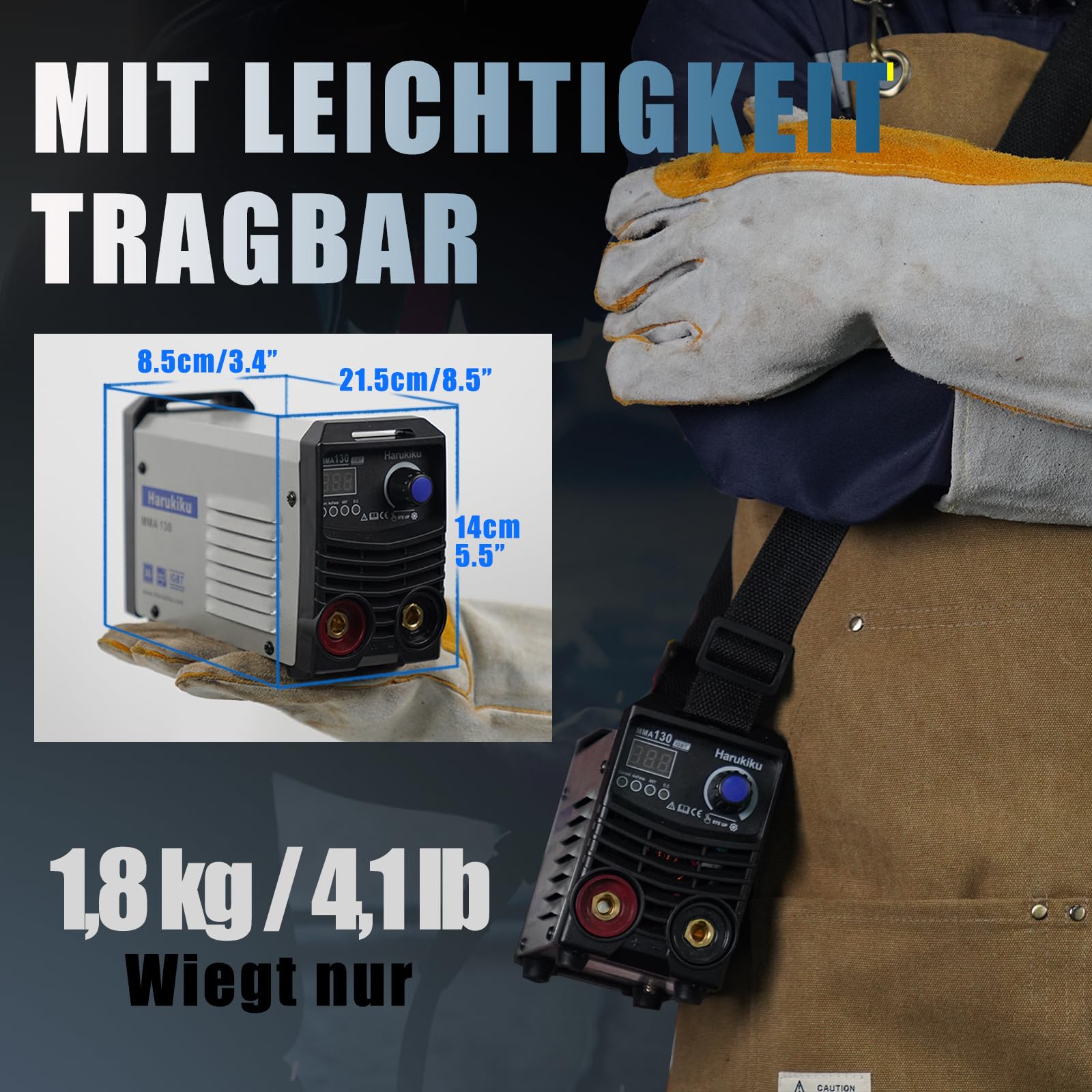 Elektroden-Schweißgerät MMA130 Digital - Mini-Inverter-Schweissgerät, kompakt, leicht, mit Anti-Stick-Funktion, 3+2m Kabel, 21,5 x 14 x 8,5 cm, für Heimwerker und DIY