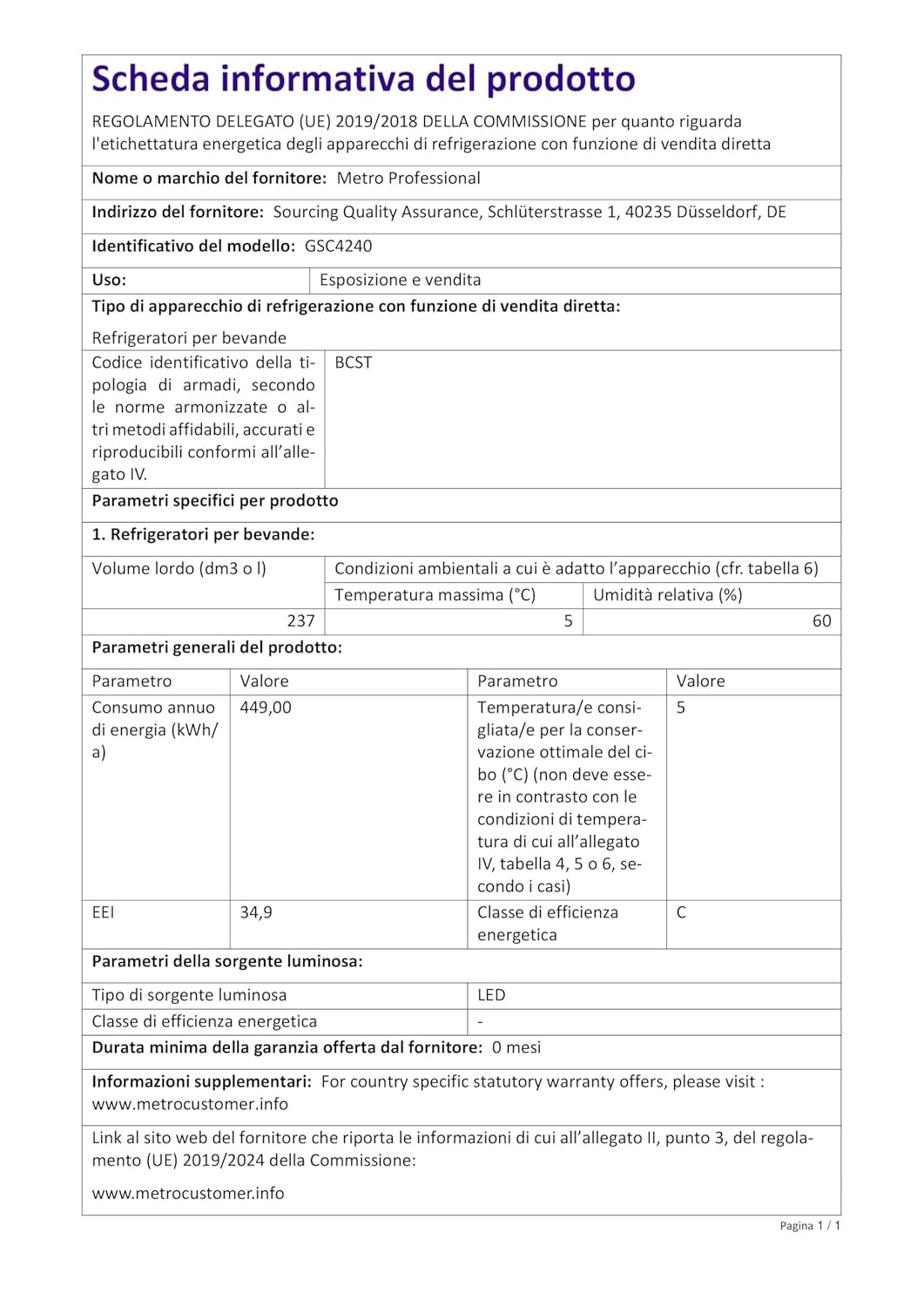 METRO Professional Frigorifero per Bevande GSC4240 con Porta in Vetro, 237 L, 110 W, 220-240 V, Illuminazione a LED, 6 Ripiani Regolabili, con Serratura