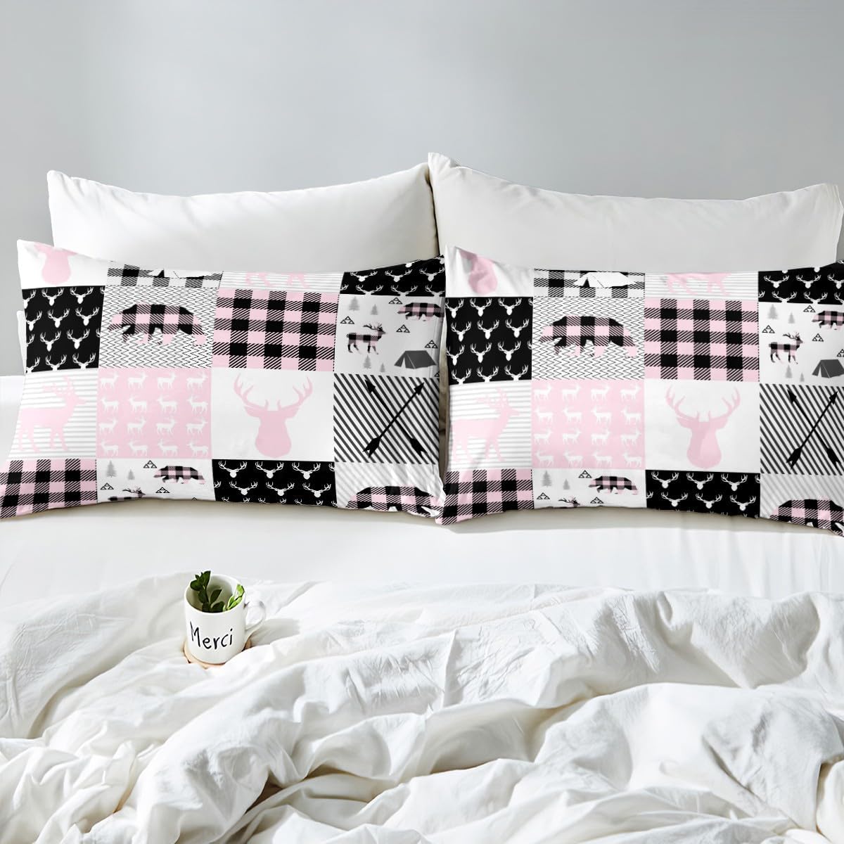 Cute Deer Bed Sheets Set Queen Size, Deer Hunting Sheet Set Rustic Camping Cabin Buffalo Sheets with Deep Pocket Fitted Sheet Bear Deer Lodge Patchwork Bedding Set Microfiber Bed Set