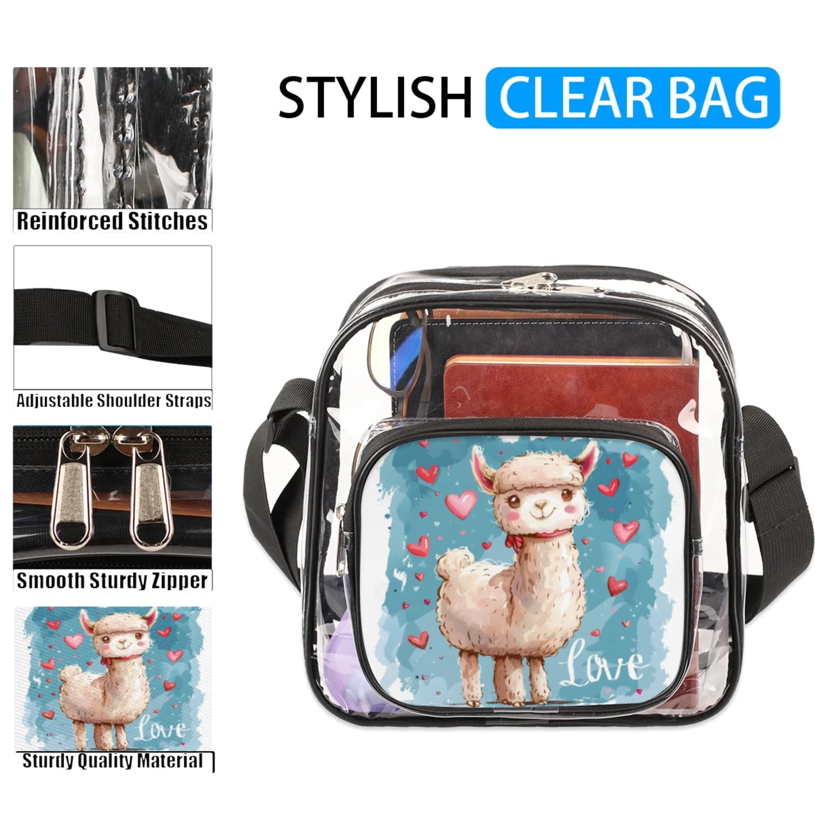 Clear Crossbody Bag Stadium Approved Alpaca White Transparent Bag for Festivals, Sports Events, Concerts,Beach Bag for Women Men Clear Purse with Front Pocket Messenger Bag with Adjustable Strap