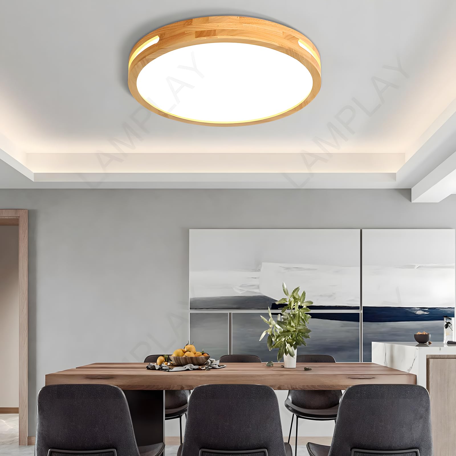 Lámpara De Techo Redonda De Madera, Ø40cm, Lámpara LED Regulable, Madera Natural Original, Control Remoto, 3000K-6000K, 30W, Diseño Hueco Lateral, Ideal Para Dormitorio Sala De Estar Estudio