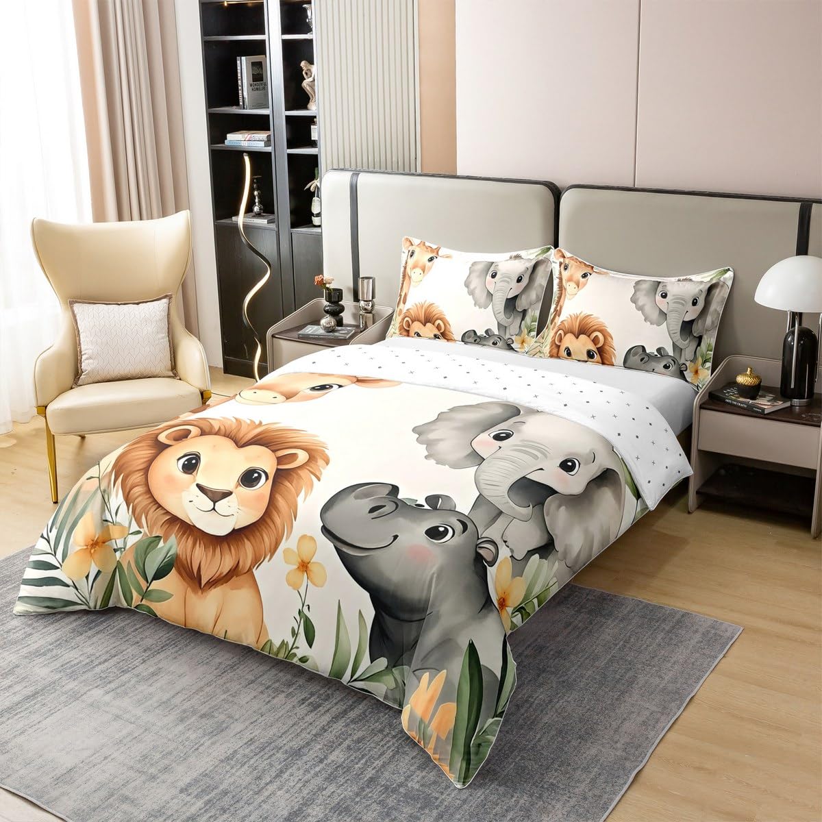 Homewish Safari zestawy pościeli ze zwierzętami, rozmiar king size, dżungla, zwierzęta, bawełna, poszewka na kołdrę, dzika przyroda, zoo, słoń, lew, poszewka na kołdrę dla dzieci, chłopców, dziewcząt