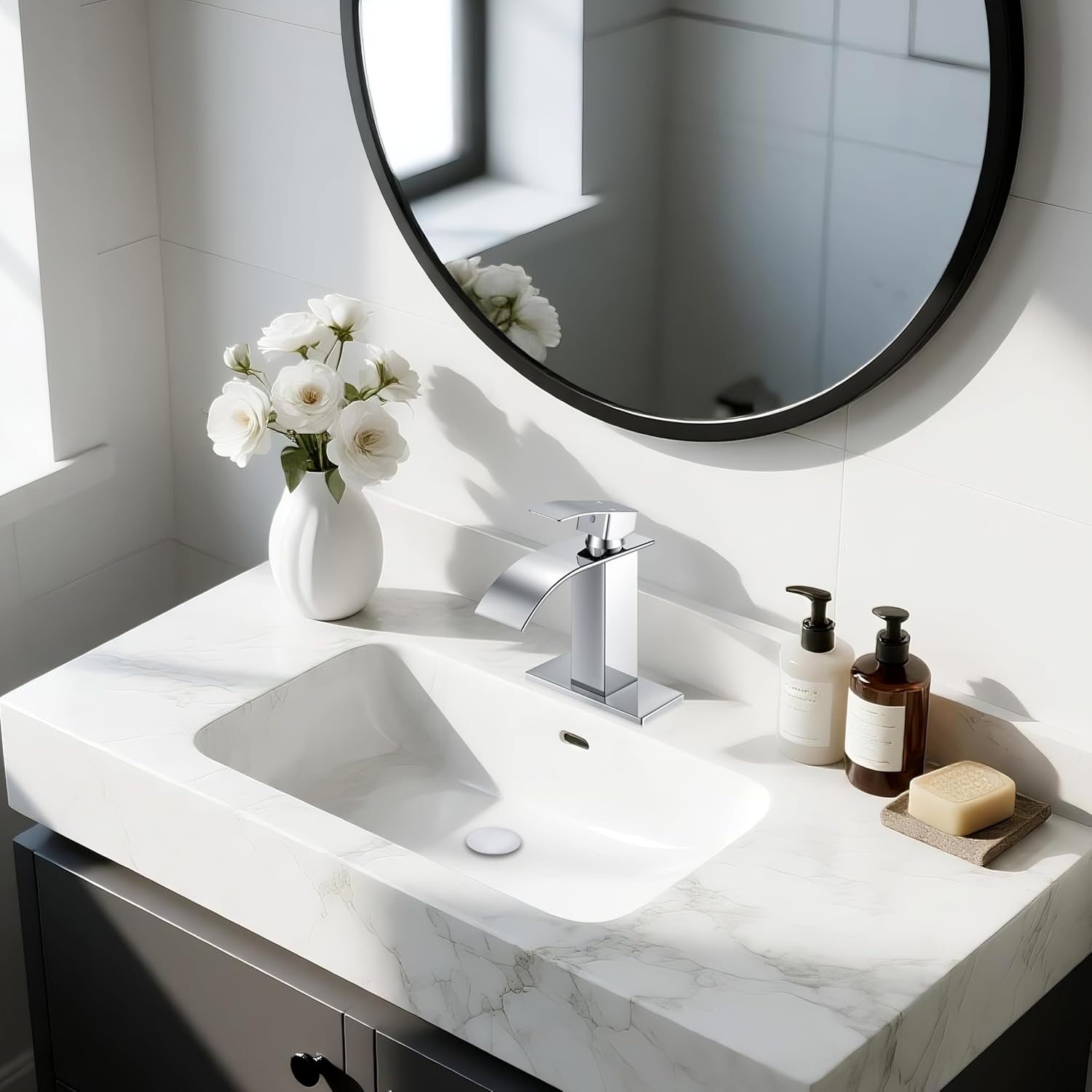 Chrome Bathroom Faucets, Waterfall Bathroom Sink Faucet Single Handle Bathroom Faucet for 1 or 3 Hole, Mixer Tap Vanity Faucet with Deck Plate, Pop-up Drain and Supply Hoses