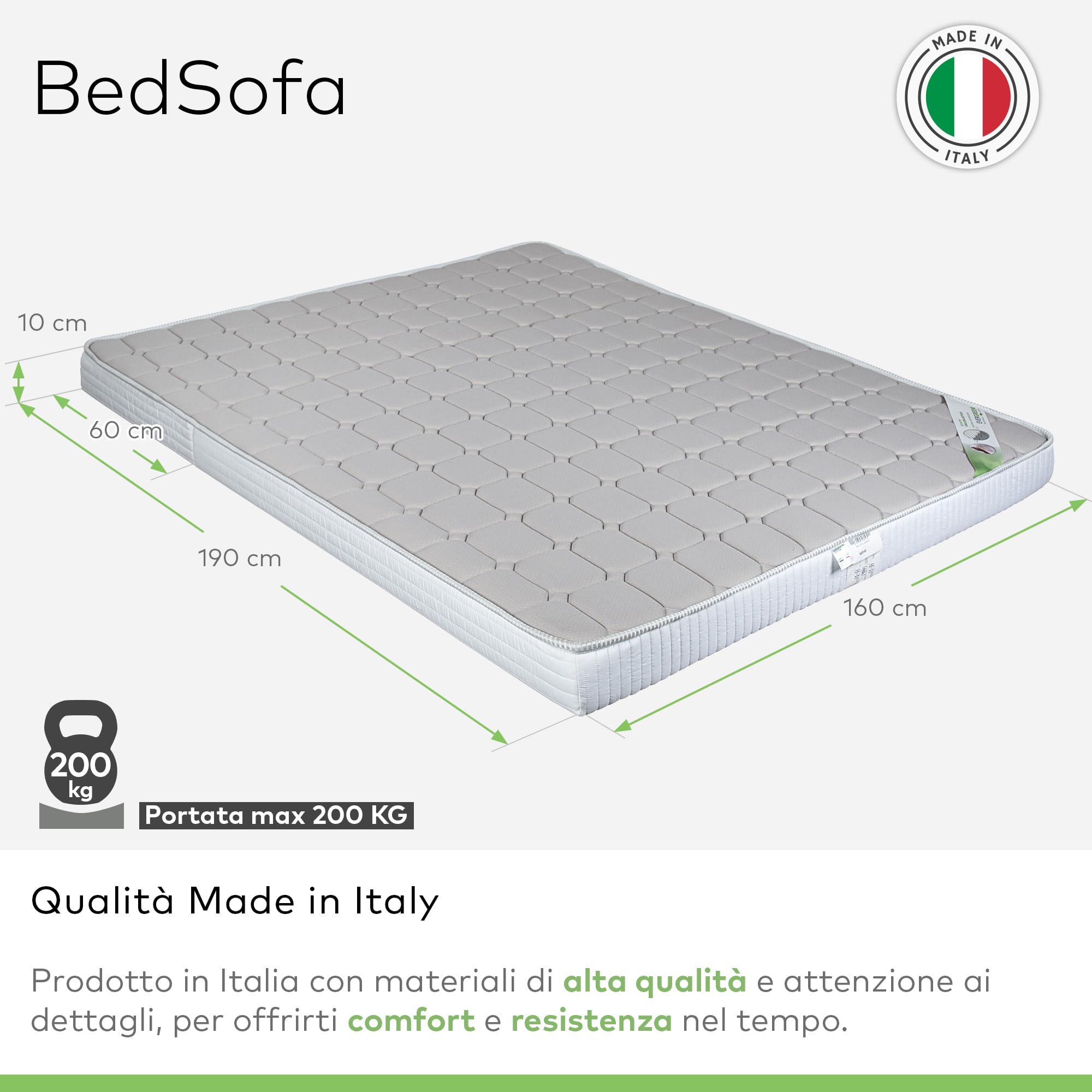 EVERGREENWEB - Colchón Clic clac de Matrimonio 160x190 cm h 10 para sofá Cama con Espuma viscoelástica, Plegable, Pliegue en el Asiento, Ortopédico, hipoalergénico, Cordones de fijación