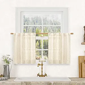 LAMIT Small Kitchen Linen Curtains 24 Inch Length 2 Panels, Beige Light Filtering Panels Back Tab and Rod Pocket Neutral Drapes for Bathroom/Small Windows, 34 x 24 Inch