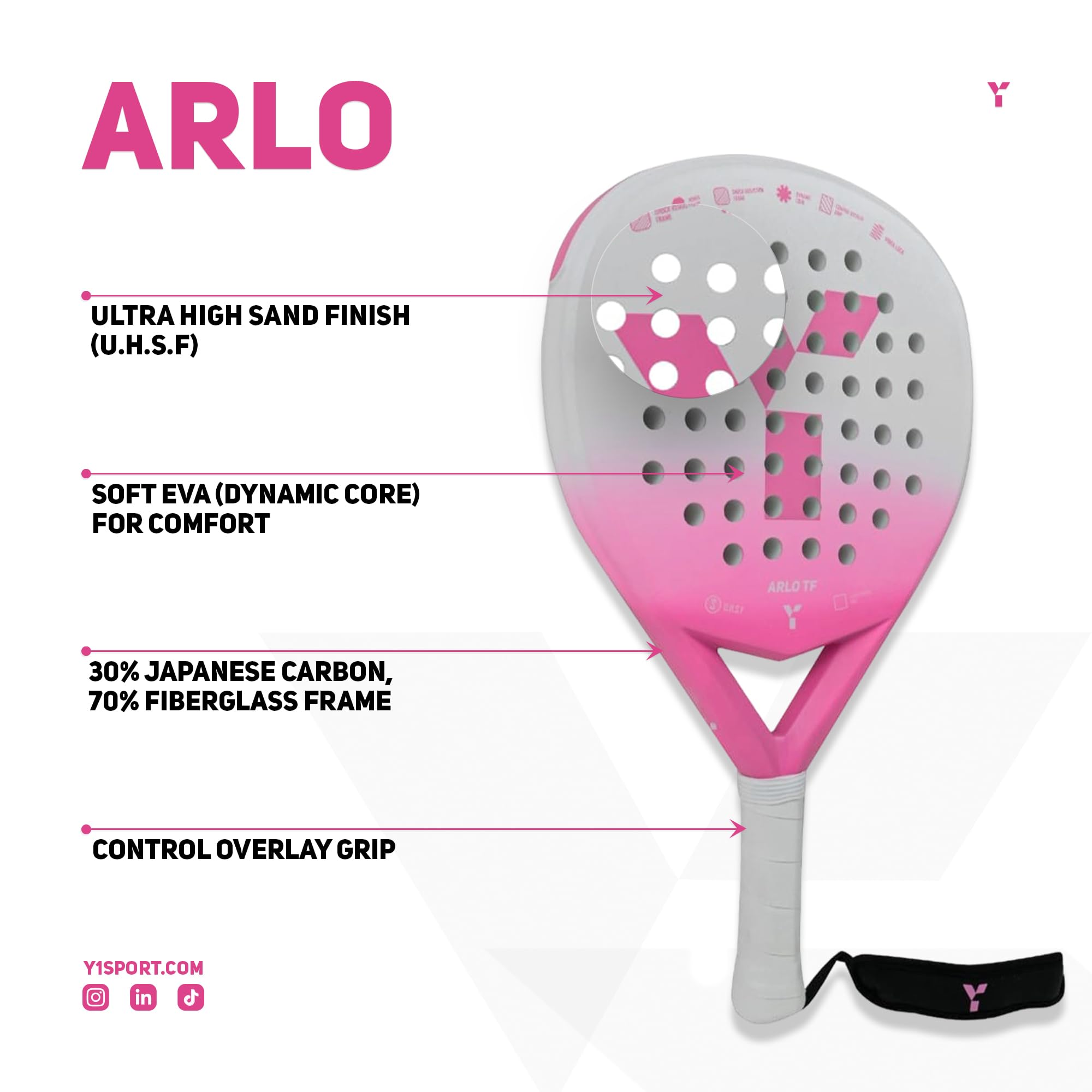 Y 1 Padel Arlo Schläger – Japanischer Carbon & Fiberglas, Für Fortgeschrittene Spieler, 360-370 G
