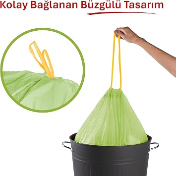 Koroplast Yasemin Kokulu Büyük Boy Büzgülü Çöp Poşeti 10'lu 65x67 cm, Kolay Bağlanır Kokulu Büzgülü Büyük Boy Çöp Torbası, Sızdırmaz, Yırtılmaz, Geri Dönüştürülebilir Atık Torbası, Güçlü Çöp Poşeti