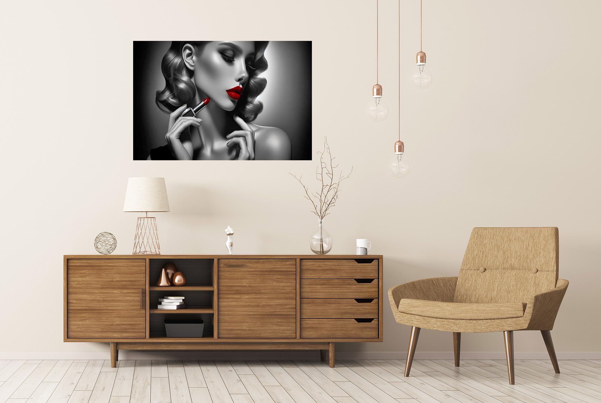 islandburner Poster XXL pour femme avec rouge à lèvres en noir et blanc avec accent rouge, impression photo de qualité supérieure