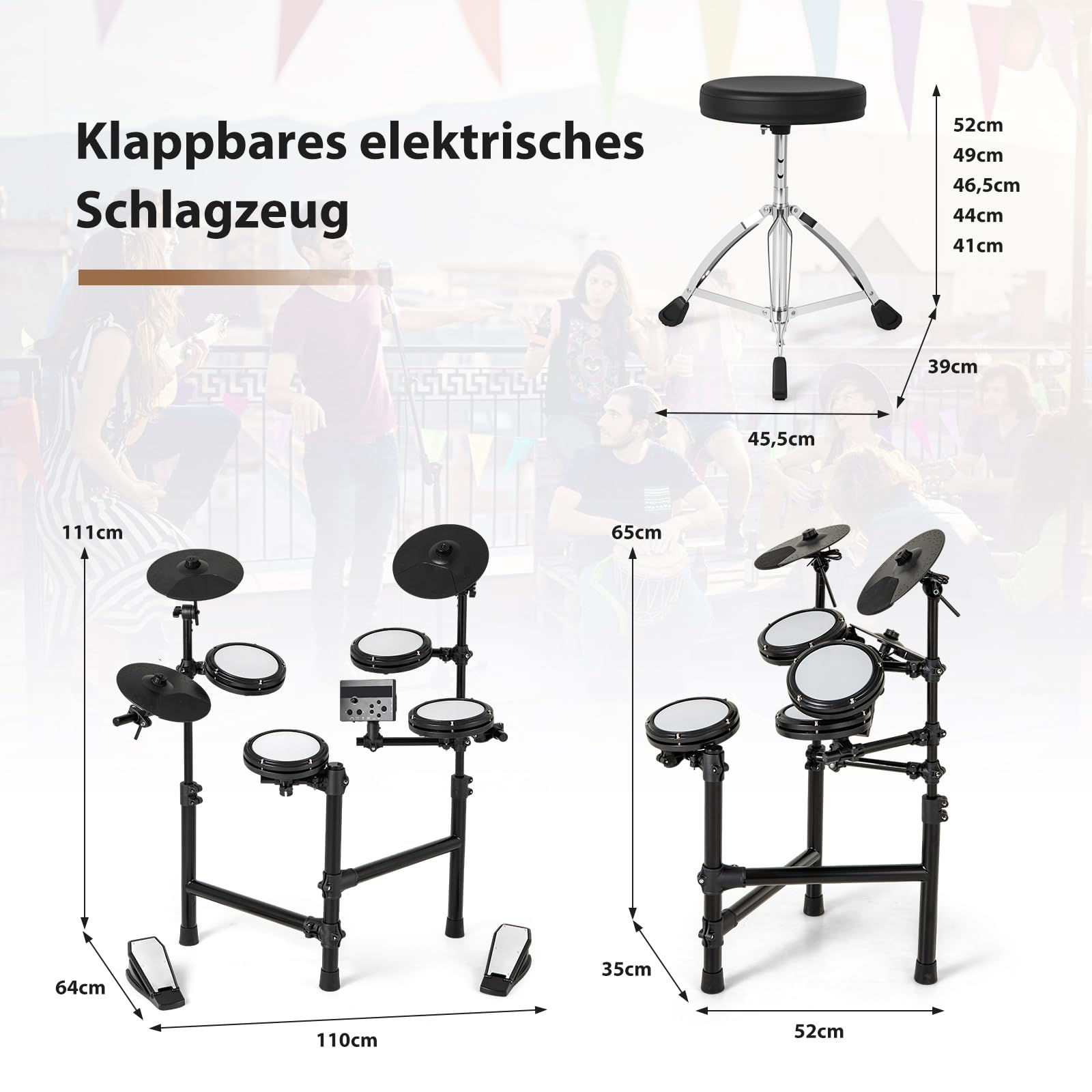 COSTWAY E-Drum Sets faltbar, 7 teiliges E-Schlagzeug mit Mesh Pads, 150 Sounds & 10 Demos, Metronom & USB MIDI, 2 Pedale & 2 Drumsticks, Elektronische Schlagzeug Komplettset für Kinder, Erwachsene