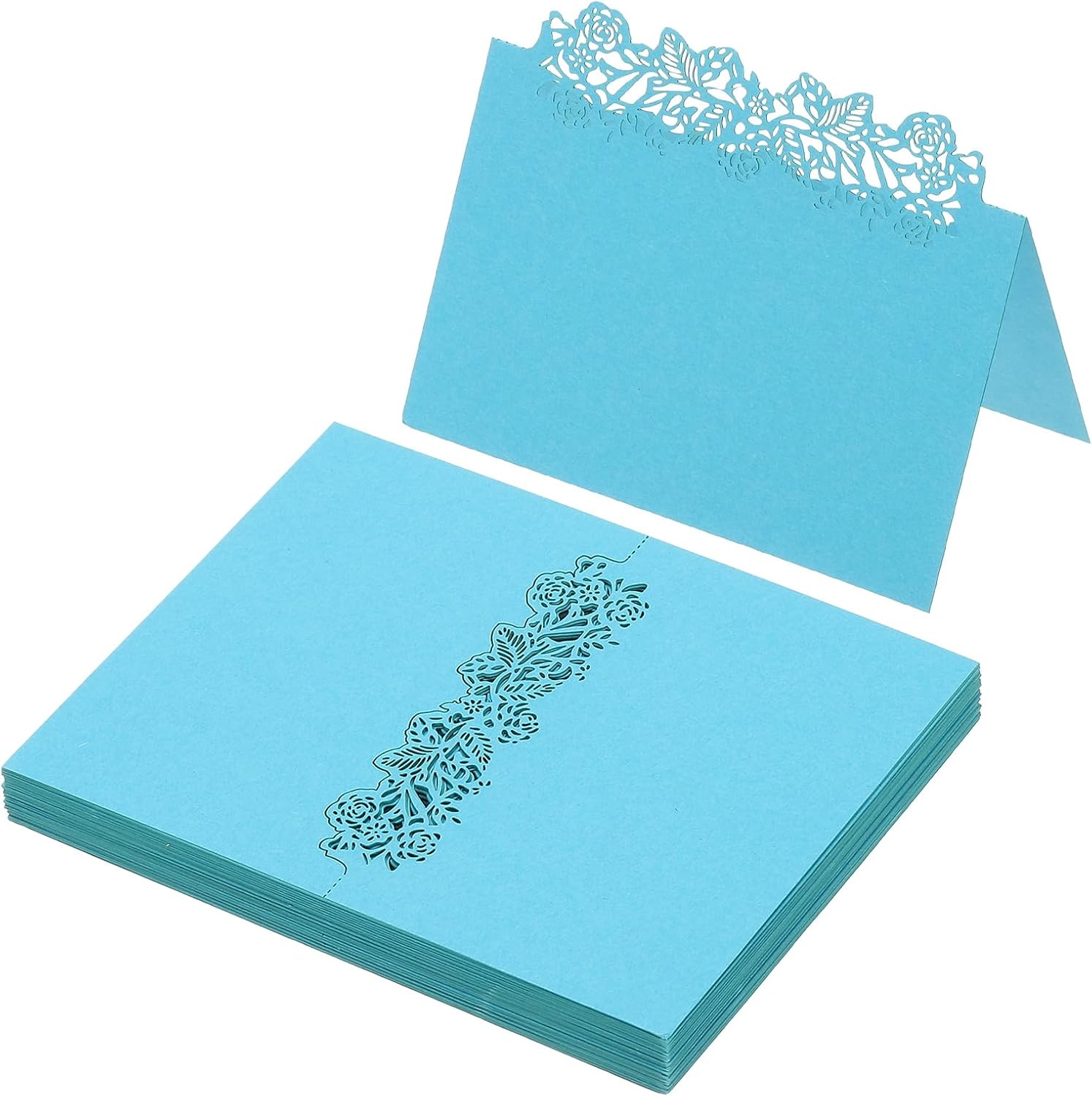 PATIKIL 50Pcs Wedding Place Cards, Laser Cut Rose Table Place Card Folded Tent Card Name Cards for Table Setting Wedding Reception Buffet, White