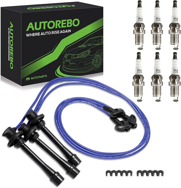 Jogo de cabos de ignição AUTOREBO com 6 velas de ignição de irídio para Toyota 4Runner, T100, Tacoma e Tundra 3.4L – 3 cabos + 6 velas