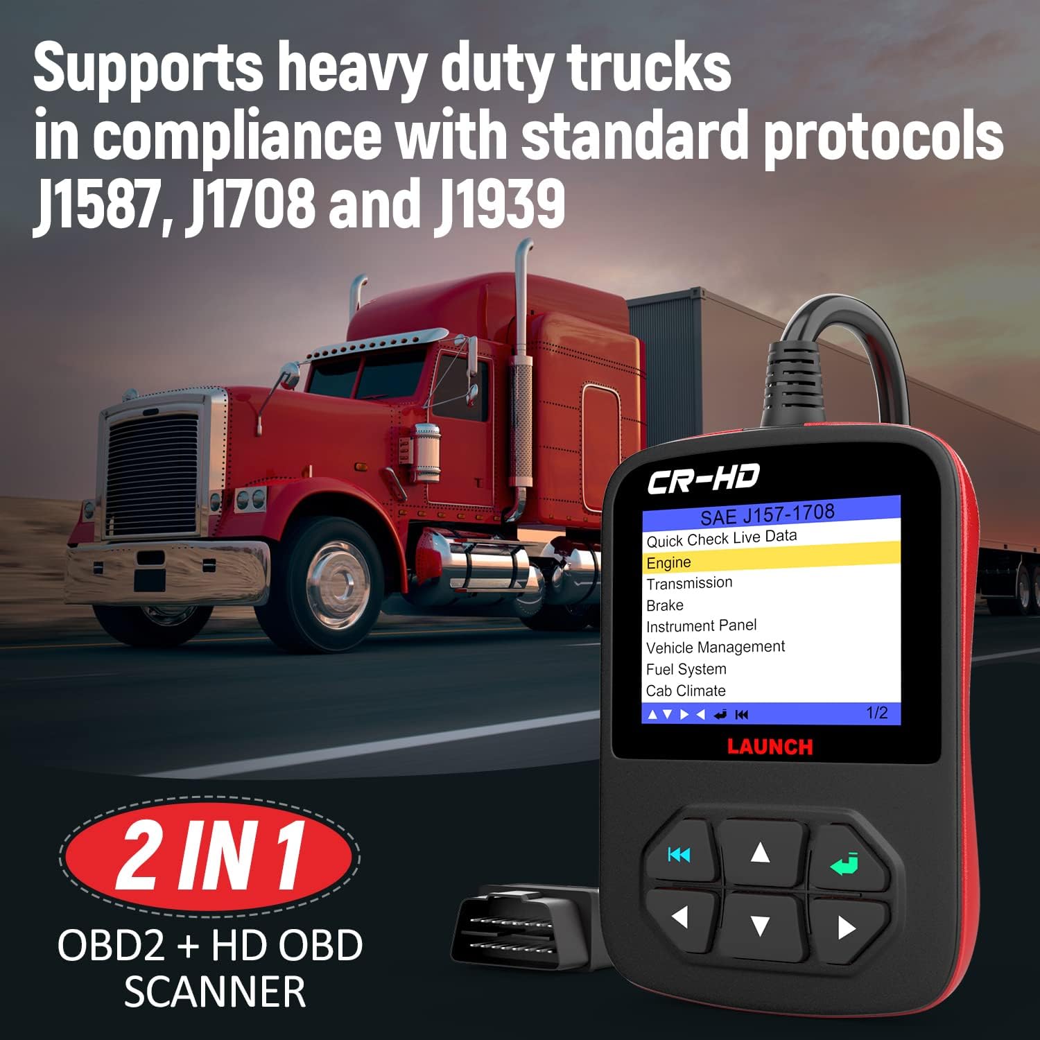 LAUNCH CR-HD Plus connected to a heavy-duty truck, showing the device's screen.