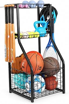 YueTong Garage Sports Organizer with Ball Rack, Bat Holder and 4 Hooks