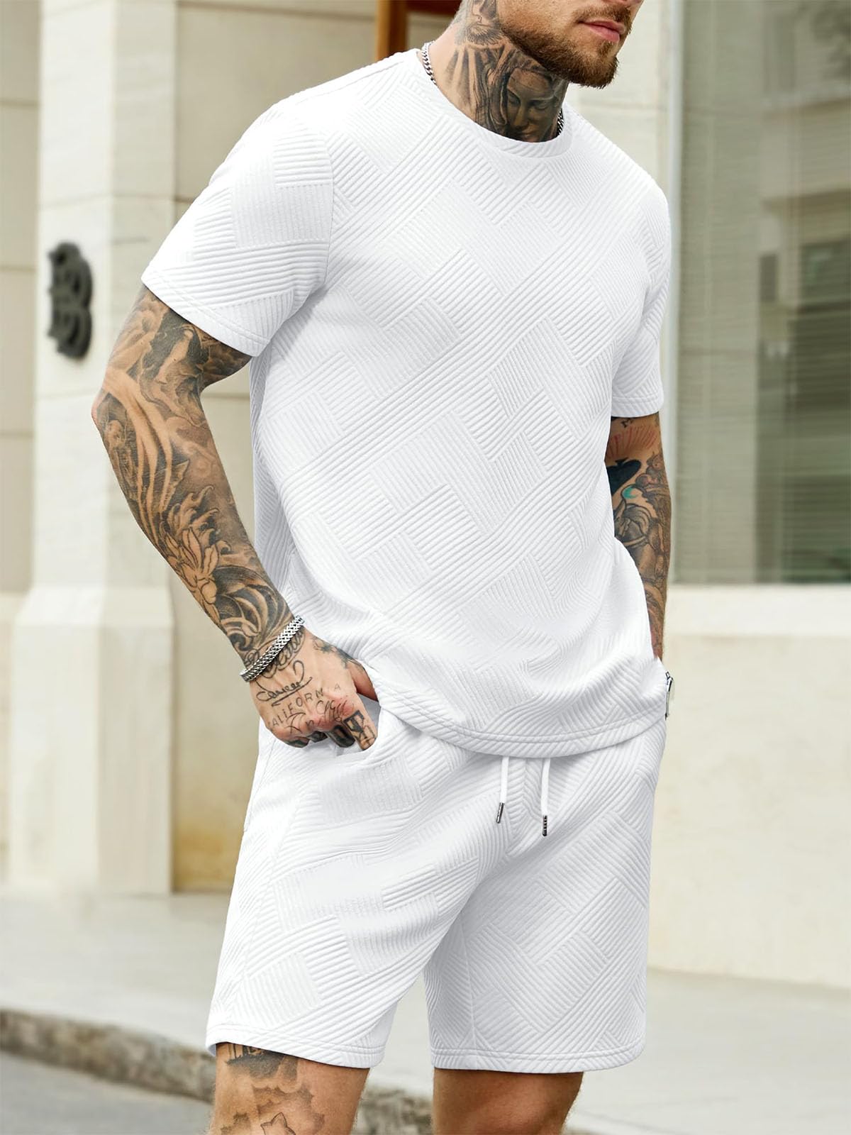 Ropa Verano Hombre 2 Piezas Conjunto de Verano Hombre Jacquard Conjunto de Chándal de Manga Corta para Uso Diario y Vacaciones