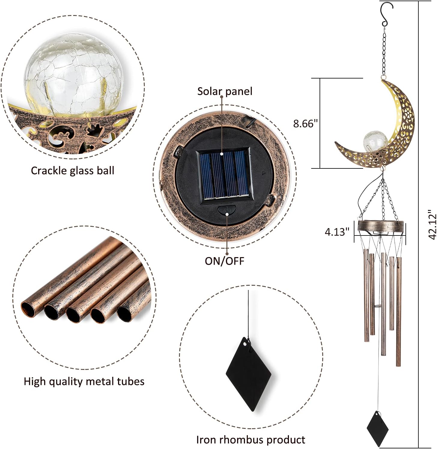 Gusgopo Solar Moon Wind Chimes for Outside, 41” Deep Tone WindChimes Hanging Outdoor Garden Decor Memorial Wind Chime Unique Women Gifts for Mom Grandma Her