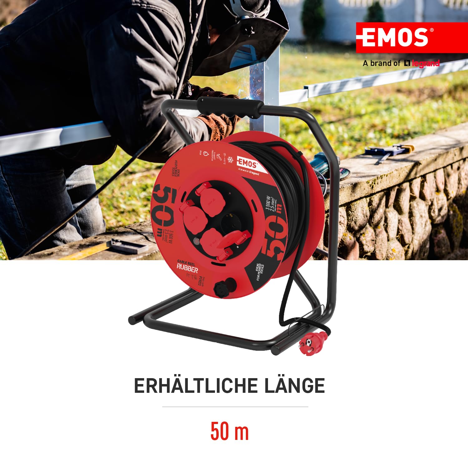 EMOS - Avvolgicavo da 50 m - 4 prese Schuko - impermeabile, resistente agli urti, resistente alle temperature - 230 V, 15 A, 3500 W - Isolamento in gomma - H05RR-F 2,5 mm2 - IP44 per esterni