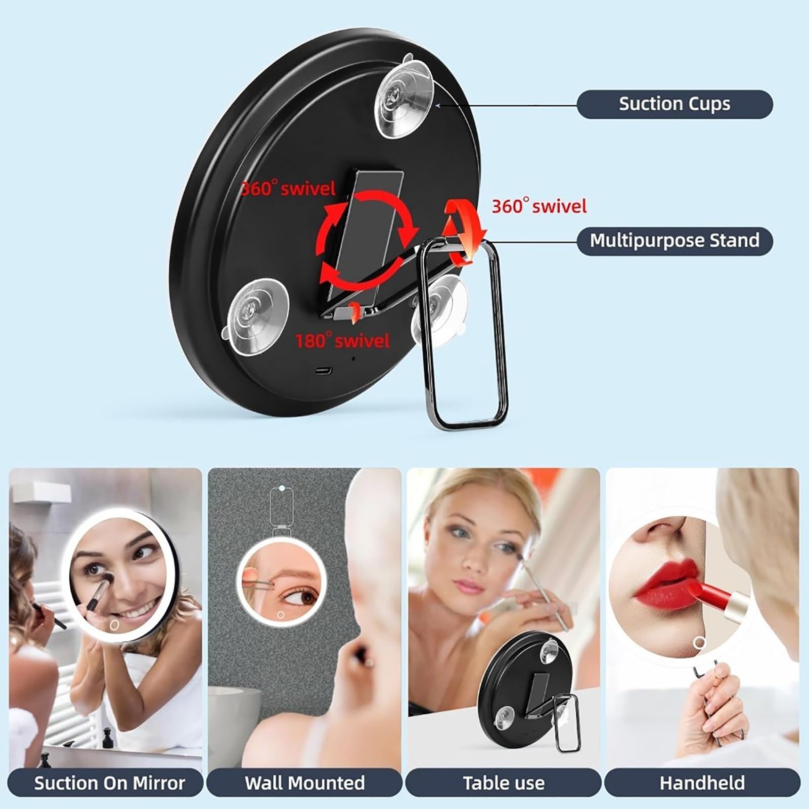 Espejo de aumento con ventosa de luz, espejo de maquillaje LED de primer plano, recargable de 6 pulgadas, 3 modos de color, atenuación de espejo de maquillaje iluminado, soporte de mesa de
