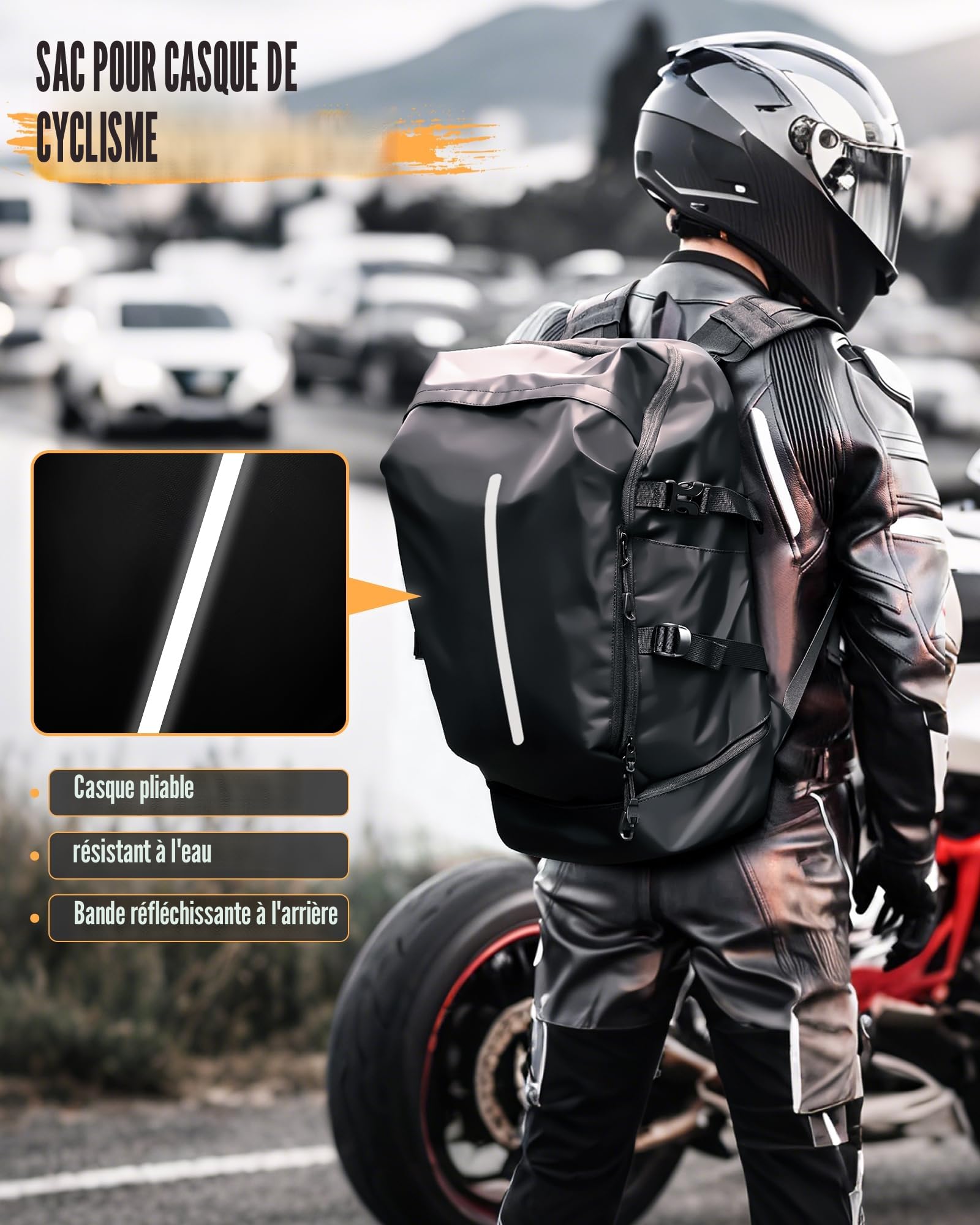 Sacs à dos étanches pour moto pour hommes et femmes Grands sacs à dos pour moto Sacs de voyage avec compartiment pour chaussures Sac à dos léger pour moto Motorcycle Backpack Noir