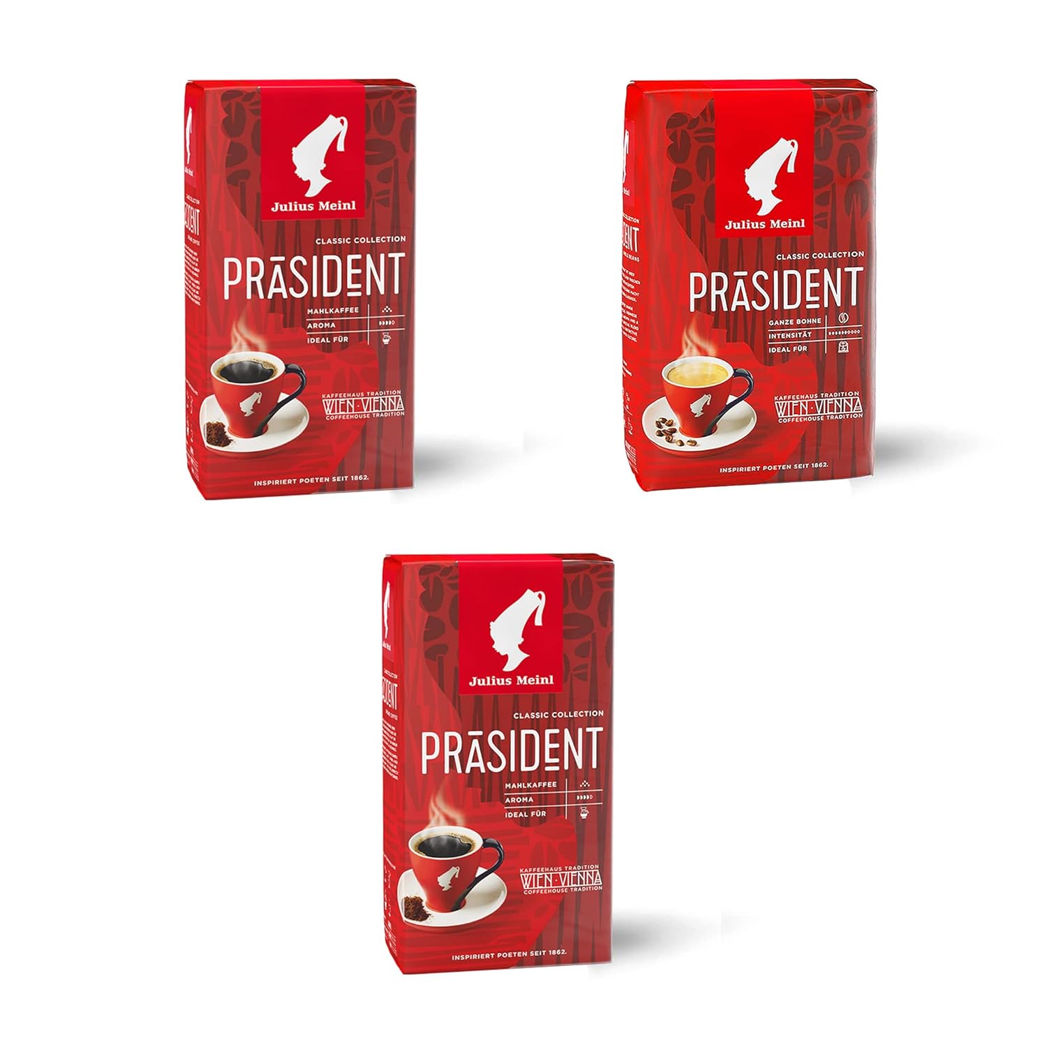 Julius Meinl Coffee - Präsident Classic Ground Coffee 500g (Pack of 3) - Medium Roast Austrian Coffee Bulk Multipack