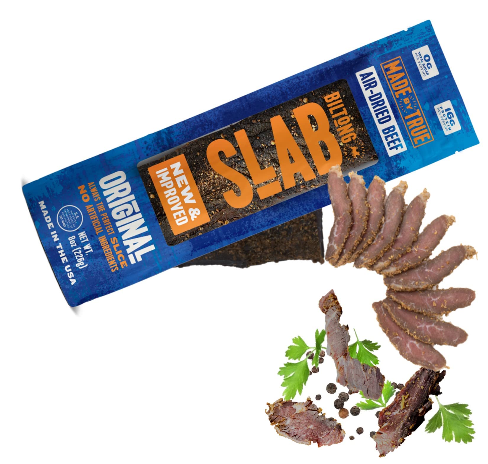 Made by True Beef Biltong Slab Whole Original (8 oz, Pack of 1) - High Protein Natural Keto Jerky Snack - Paleo & Whole 30 Diet Friendly - Sugar Free, Gluten Free & No Carb - (Biltong Charcuterie Slab)