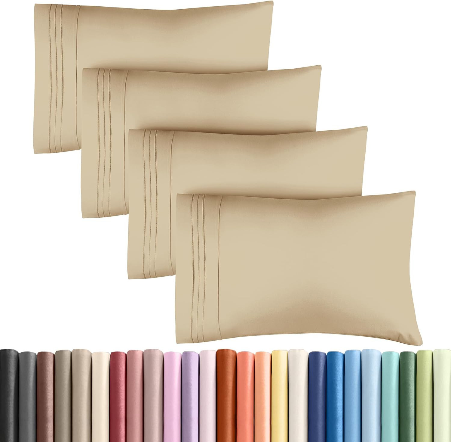 King Pillow Cases Set of 4 - Ultra Soft Hotel Quality Pillowcase Covers - Comfy, Cozy & Wrinkle Free - Shrinkage, Stain and Fade Resistant - Machine Washable Pillow Protectors - 4 Piece Set - Beige