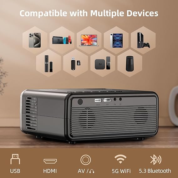 FUDONI Projector with WiFi and Bluetooth 4K Supported, Upgraded 18000L Outdoor Movie Projectors Native 1080P FHD, Video Projector for Home Theater, Compatible w/HDMI/USB/iOS/Android/Windows/TV Stick