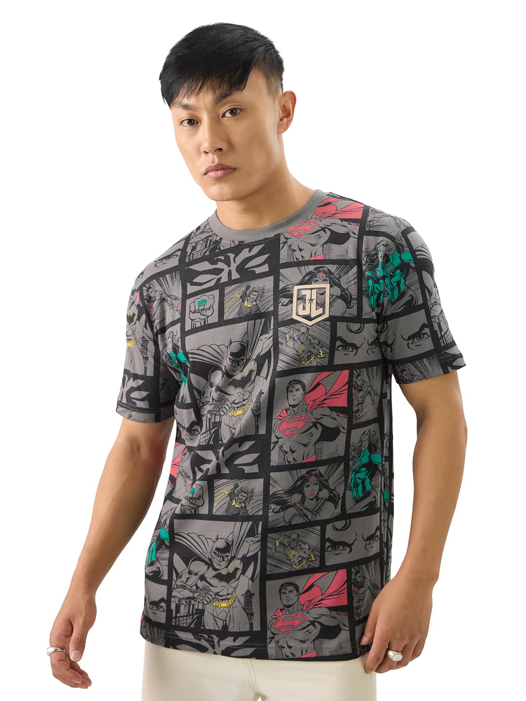 The Souled Store Official Justice League: Comic Time Men and Boys Short Sleeves Round Neck Grey All Over Printed Regular Fit Cotton T-Shirts