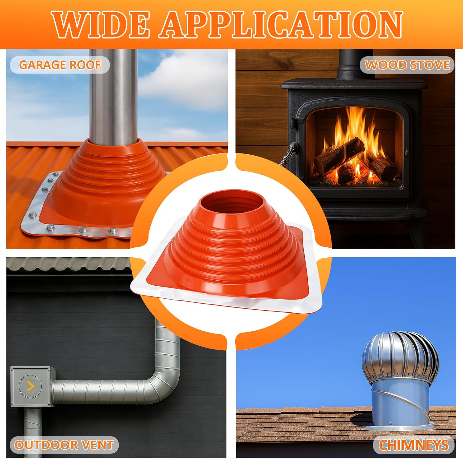 #8 High Temp Silicone Chimney Boot for Metal Roof Vent Pipes, Roof Pipe Flashing Boot for Pipe OD 7" - 13" Included Roofing Screws & Hex Socket, Metal Square Base Flexible Jack Pipes Flashing