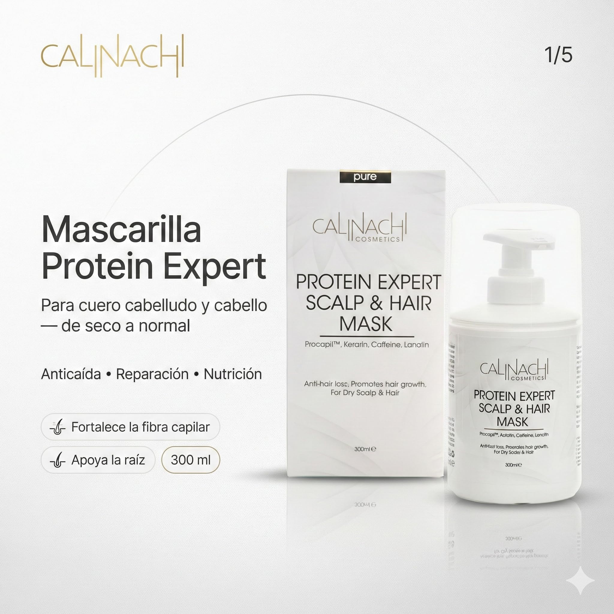 CALINACHI Mascarilla Capilar Proteica Procapil Queratina 300 ml | Mascarilla proteica con Procapil, cafeína y queratina que fortalece, reduce la rotura y aporta brillo a las puntas
