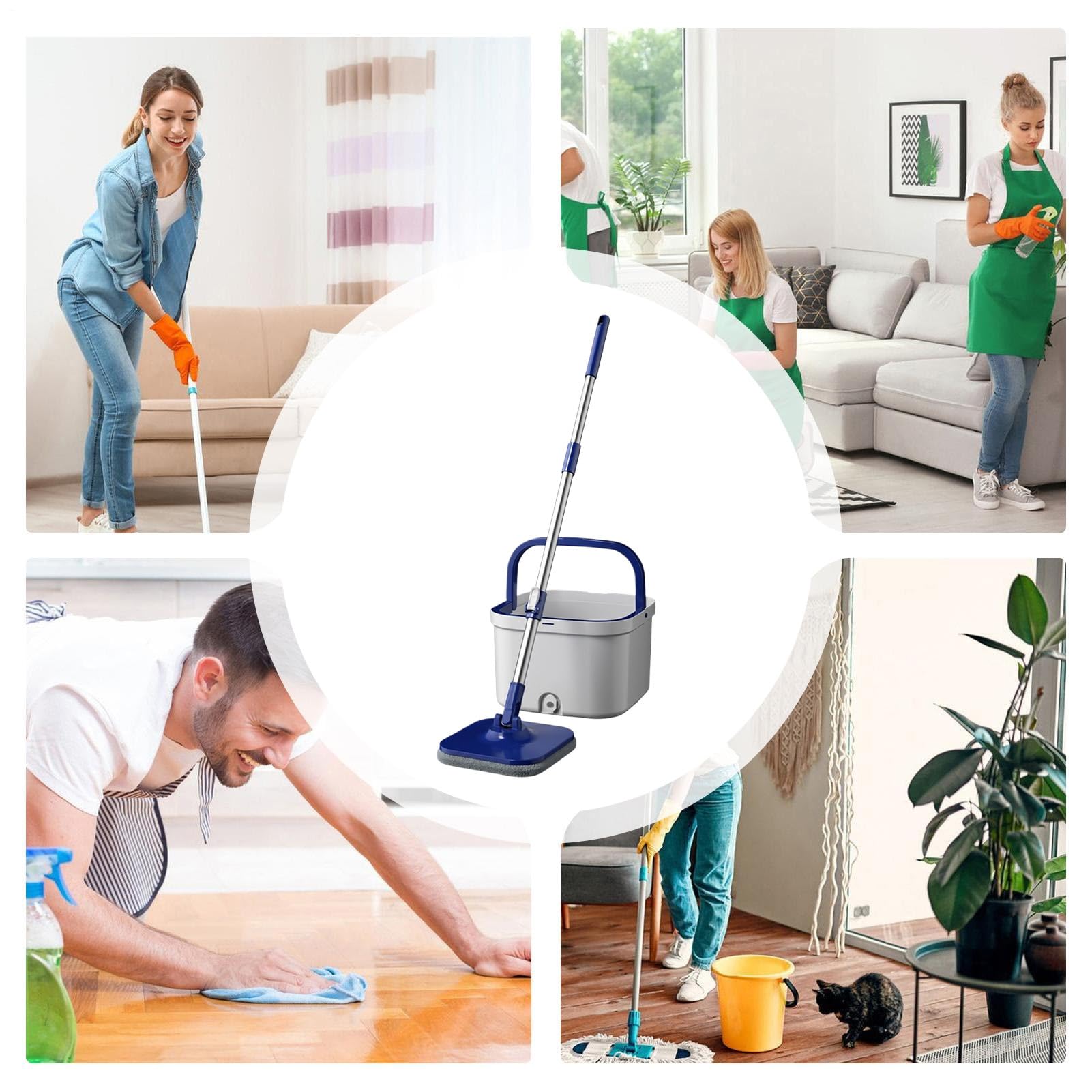 Juego De Fregona Giratoria Y Cubo Secado Y Mojado 360 Grados Giratorio | Fregonas y para Limpieza de Suelos Para Suelos de Madera Cocina Sala de Estar Comedor Apartamento Sótano