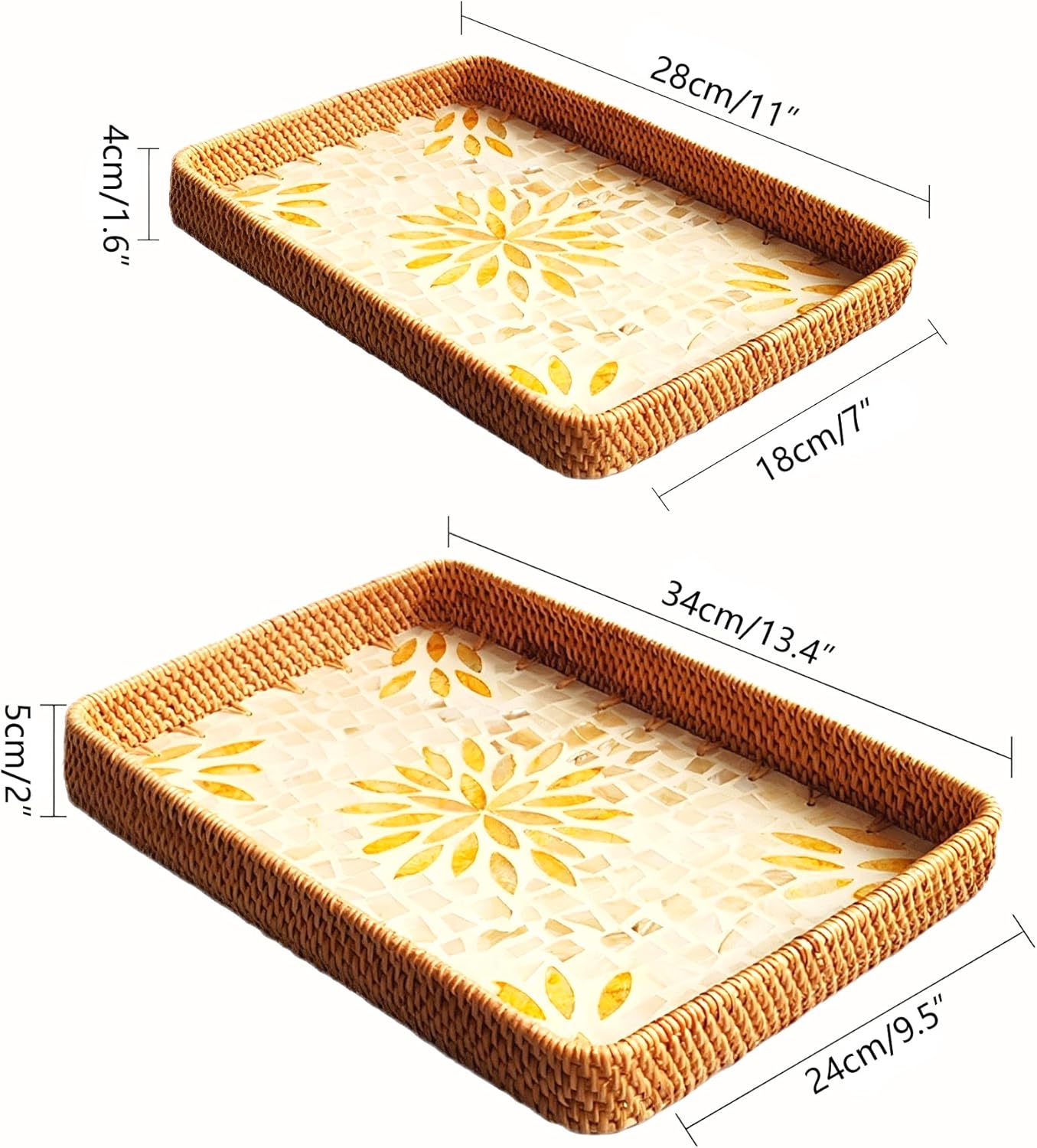 i-lan Set of 2 Rectangle Serving Trays with Mother of Pearl, 13" & 11.5" Woven Rattan Platters for Dining Entertainment, Centerpiece Displays, and Home Decor Accents - Image 2