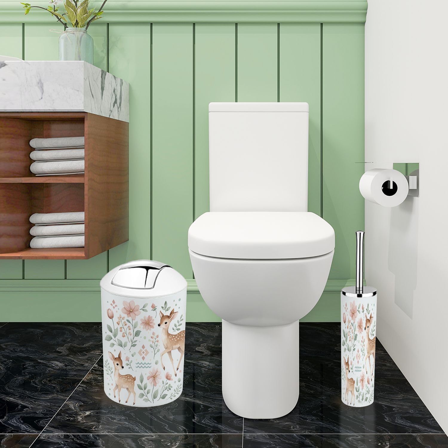 Bathroom Accessory Set 6 Piece Boho Woodland Baby Deer Forest Animal Watercolor Wreath for Nursery Pink Trash Can, Toothbrush Holder, Soap Dispenser, Soap Dish, Toothbrush Cup, Toilet Brush Holder