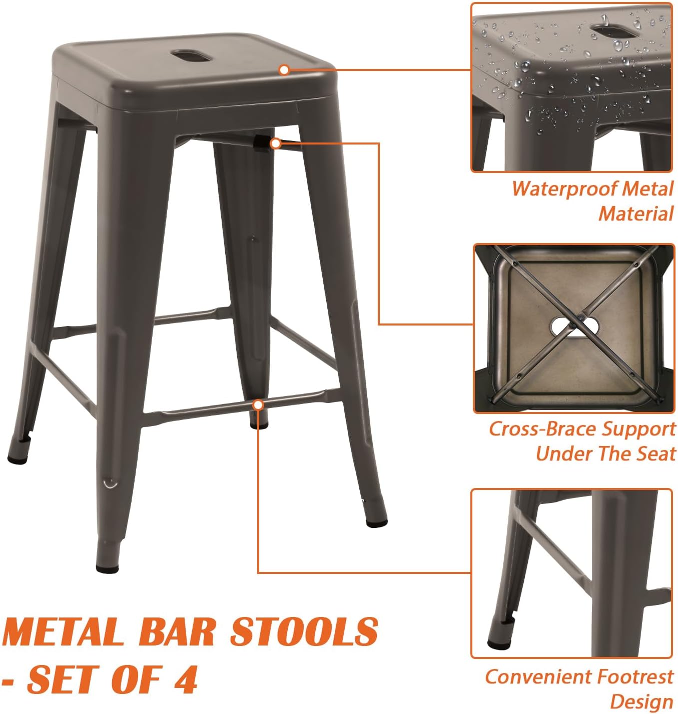 24 inch Metal Bar Stools for Kitchen Island, Set of 4, Bronze