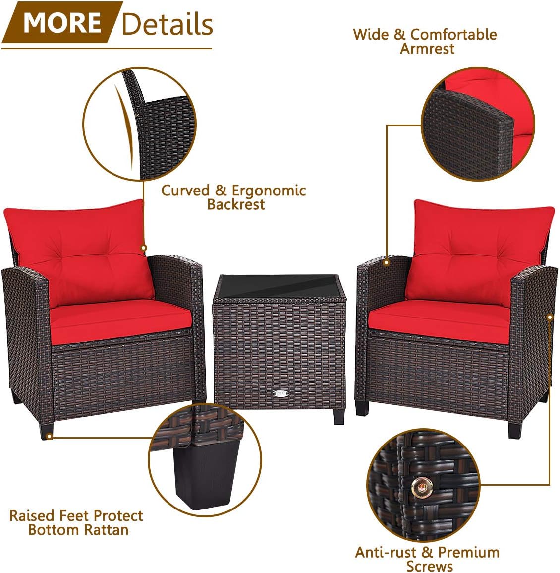 Detailed view of KOTEK patio chair features: wide armrest, curved backrest, raised feet, and anti-rust screws.