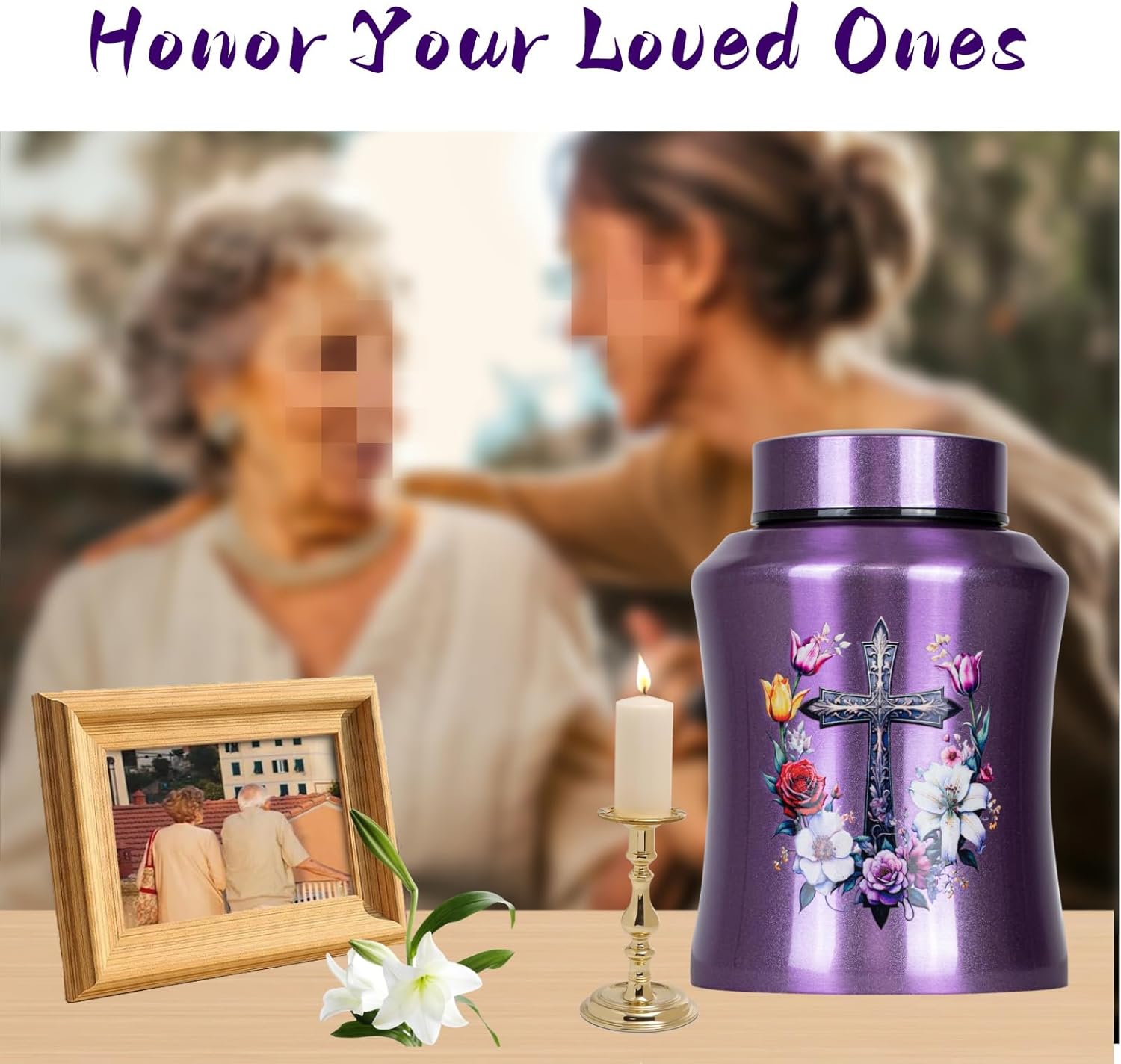 Purple Cross Urns for Ashes for Women Up to 140 LBS, Large Personalized Cremation Urns for Human Ashes Adult Male & Female Decorative and Funeral Keepsake Urn,Love of God Carefully Handcrafted