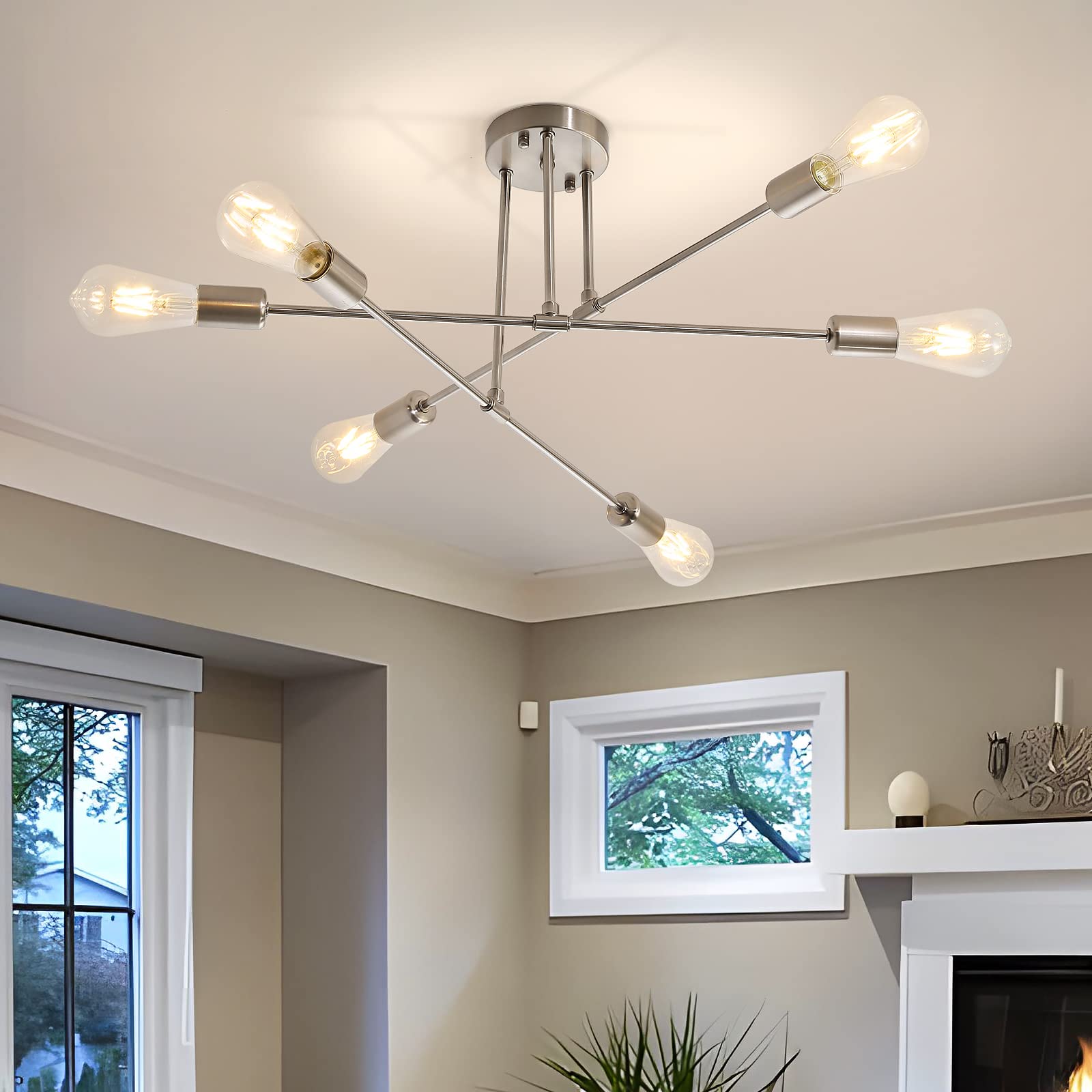 Soilsiu Modern Sputnik Chandelier Ceiling Light Fixture, 6-Light Mid Century Semi Flush Mount Ceiling Lights for Bedroom, Dining Room, Living Room, Kitchen, Office (Silver, W:25", H:11.5")